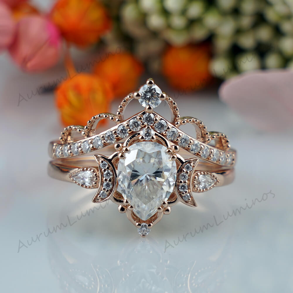 Pear Moissanite Engagement Ring Set -Vintage Covenant of Love,best dainty engagement rings,wedding band ring,moissanite rings,moissanite jewelry rings