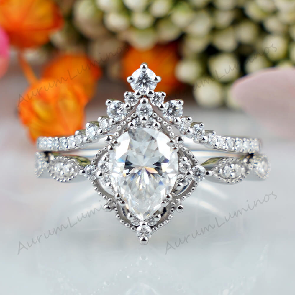 Pear Moissanite Engagement Rings Vintage White Gold Ring Custom