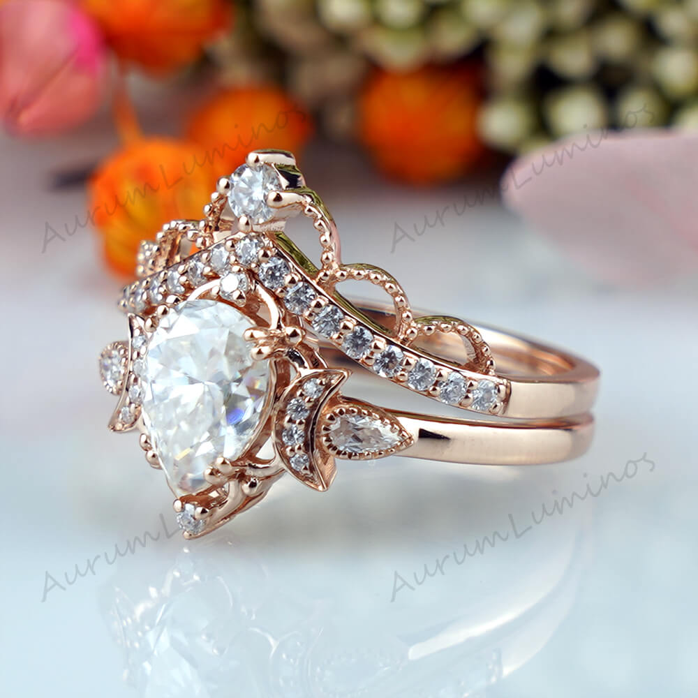 Pear Moissanite Engagement Ring Set -Vintage Covenant of Love