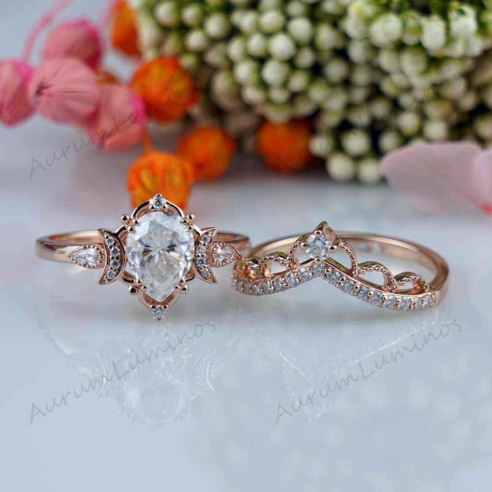 Pear Moissanite Engagement Ring Set -Vintage Covenant of Love