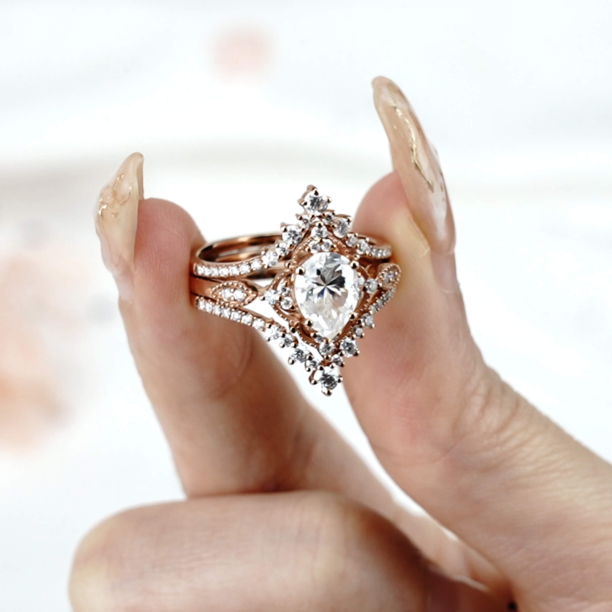 Vintage Cluster Moissanite Engagement Ring Wedding Trio Set for women,anniversary rings for women
