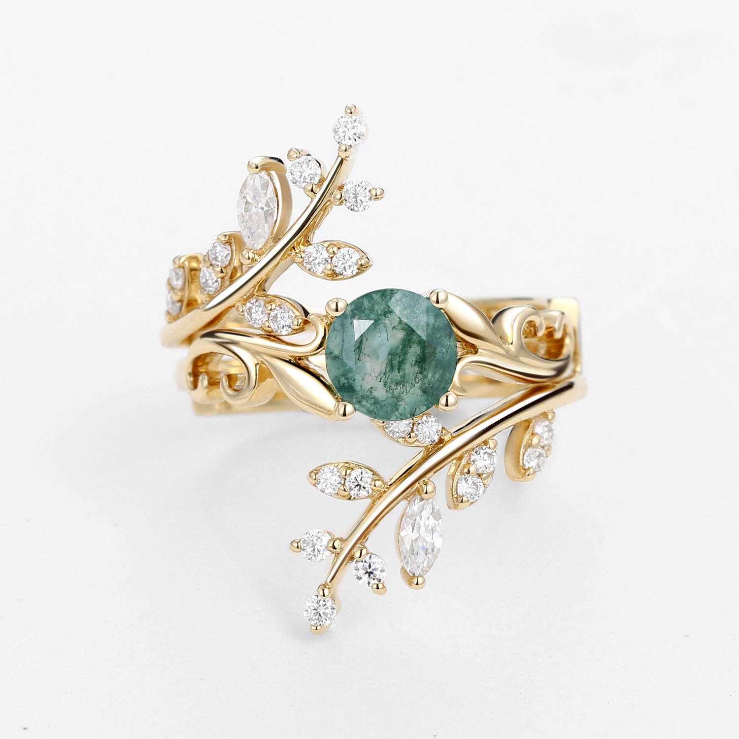 Moss Agate Engagement Rings Set LeafRing - Lushfoliage