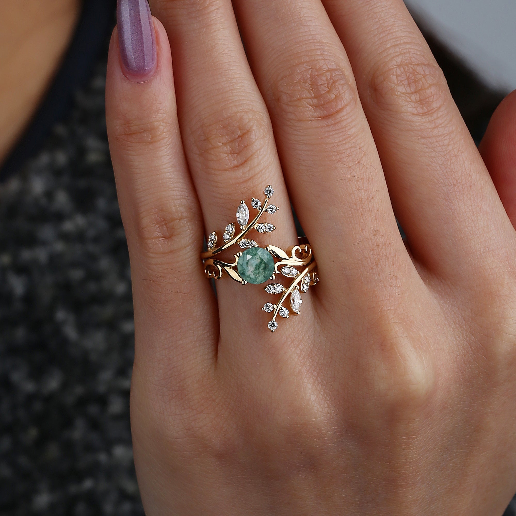 Moss Agate Engagement Rings Set LeafRing - Lushfoliage