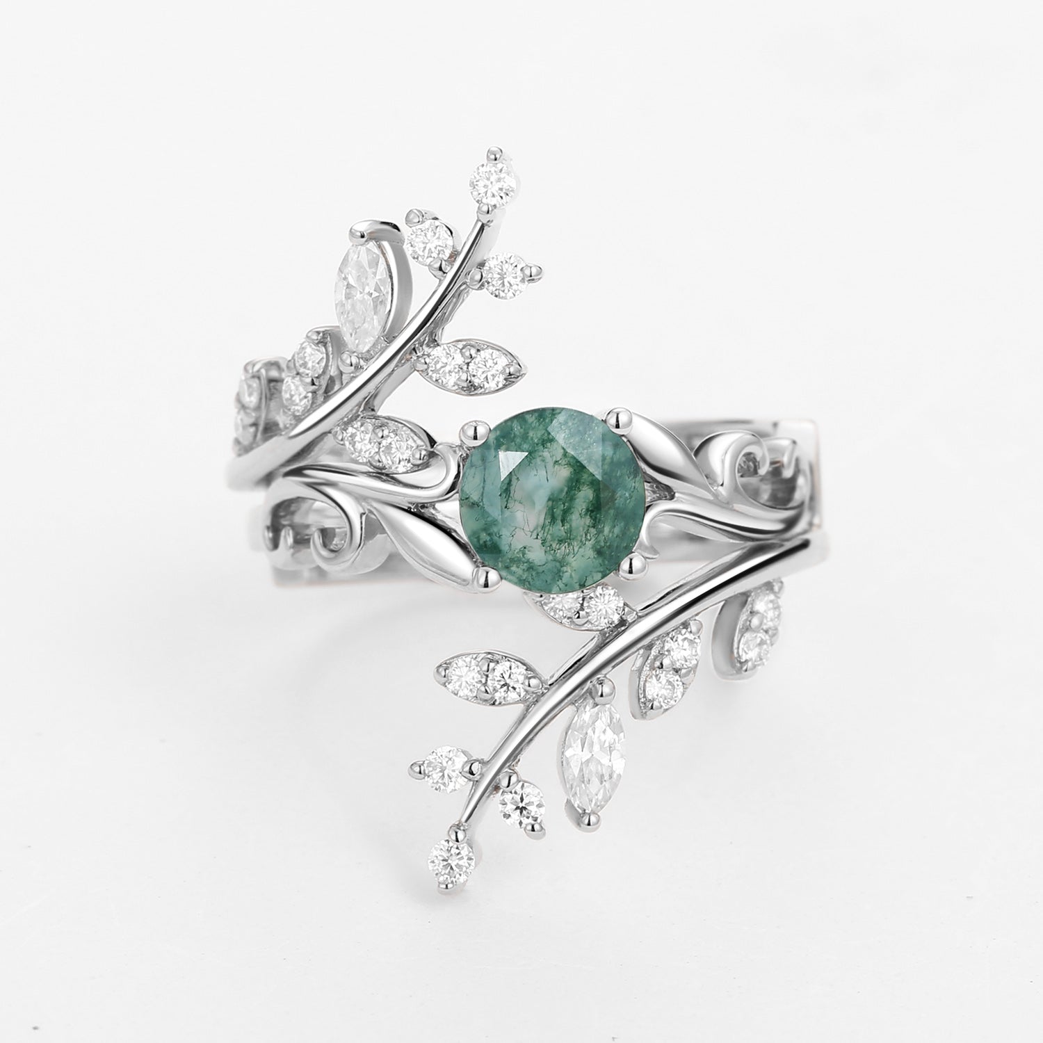 Moss Agate Engagement Rings Set LeafRing - Lushfoliage