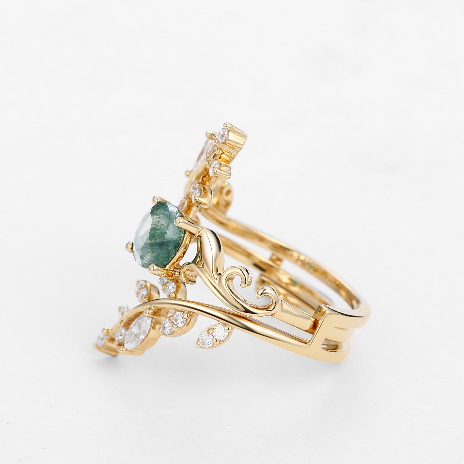 Moss Agate Engagement Rings Set LeafRing - Lushfoliage