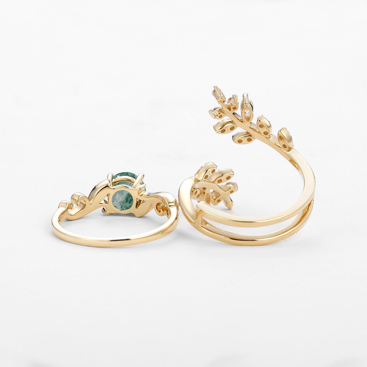 Moss Agate Engagement Rings Set LeafRing - Lushfoliage