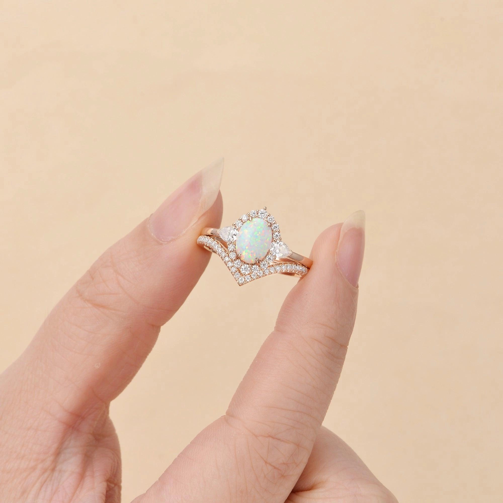 Oval Opal Halo Weeding Ring Set Rose Gold Rings For Women | AURUMLUMINOS, Promise ring anniversary rings