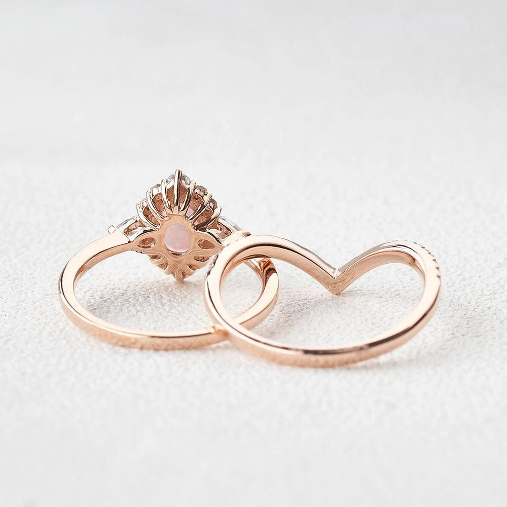 Oval Opal Halo Weeding Ring Set