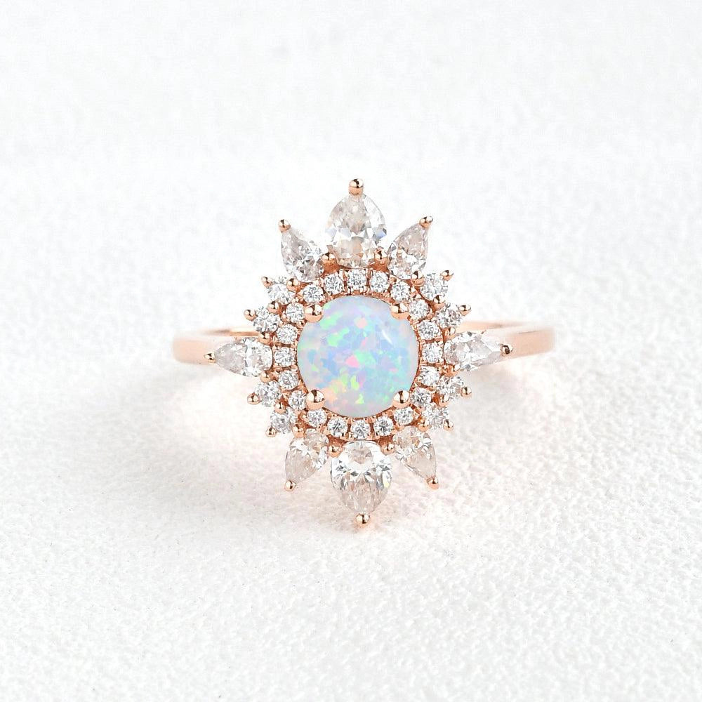 Round Opal Halo Rings Flower Style Engagement Rings