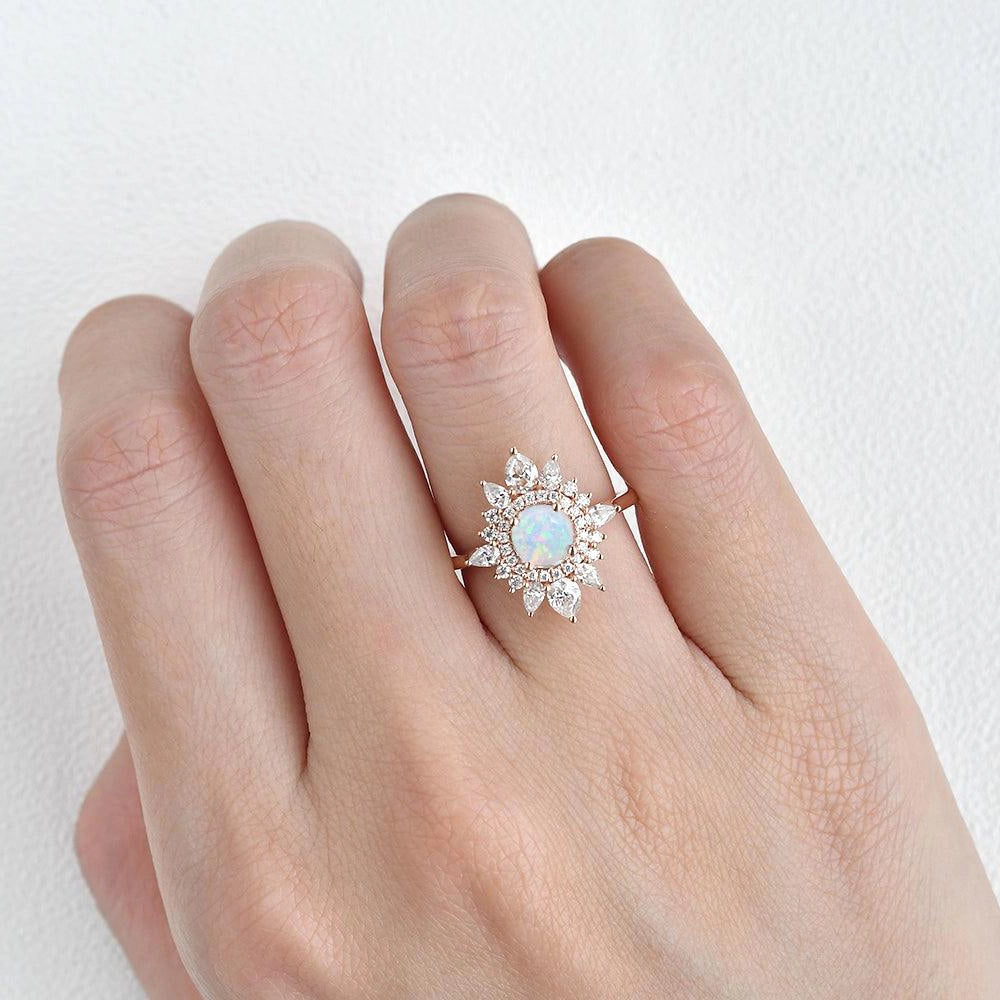 Round Opal Halo Rings Flower Style Engagement Rings