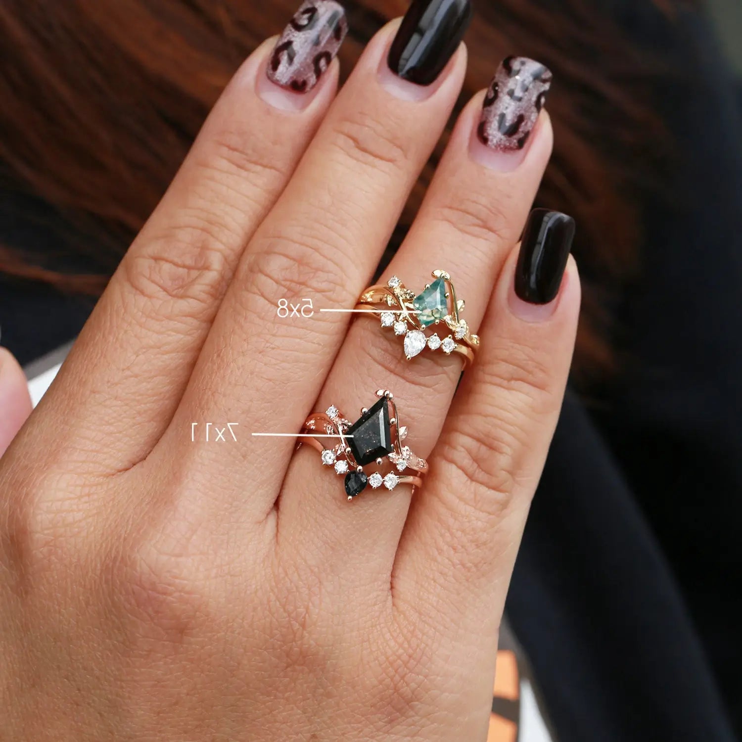 Unique Kite Cut Moss Agate Leafy Bridal Ring Sets - Aurora
