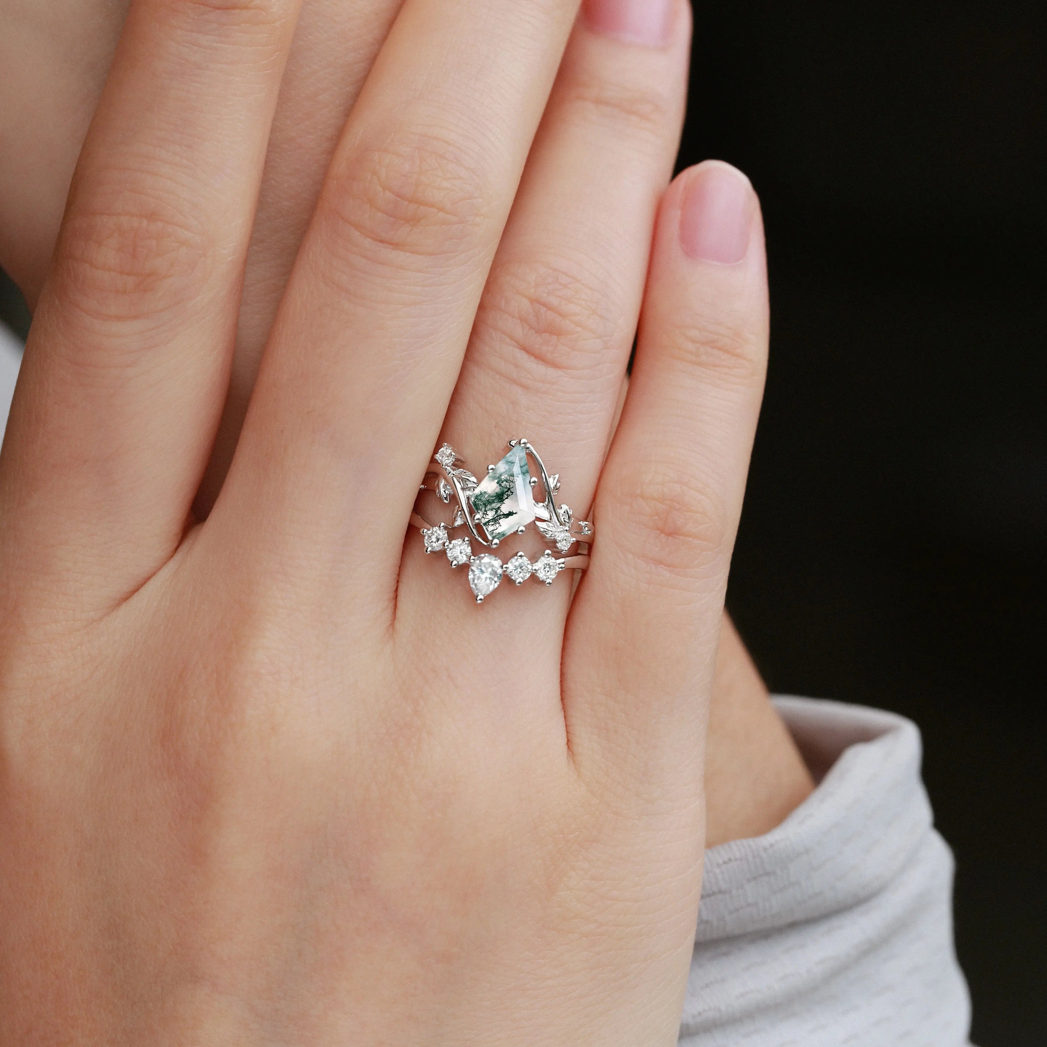Unique Kite Cut Moss Agate Leafy Bridal Ring Sets - Aurora,rose gold ring for women gift,anniversary rings for her