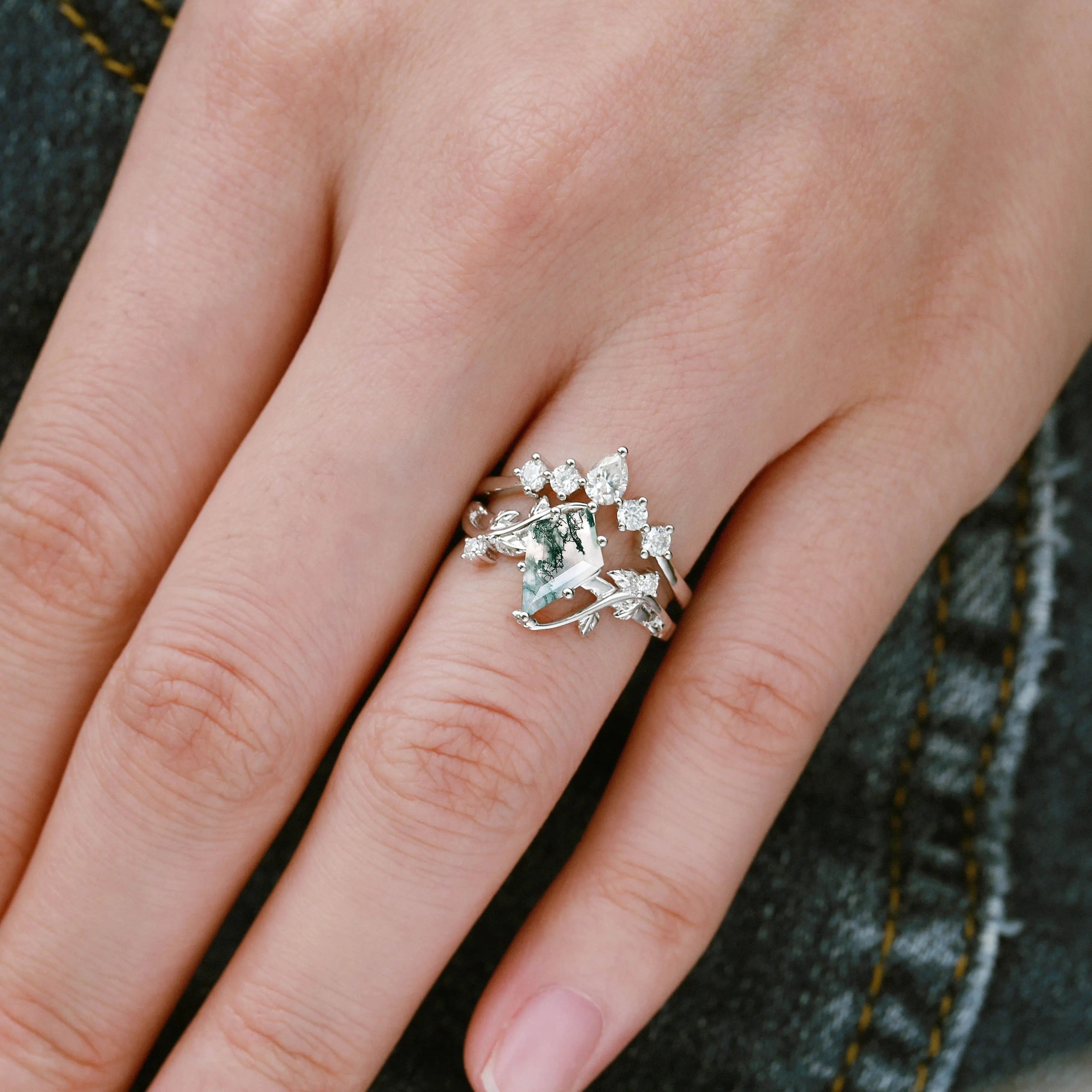 Unique Kite Cut Moss Agate Leafy Bridal Ring Sets - Aurora,rose gold ring for women gift,anniversary rings for her