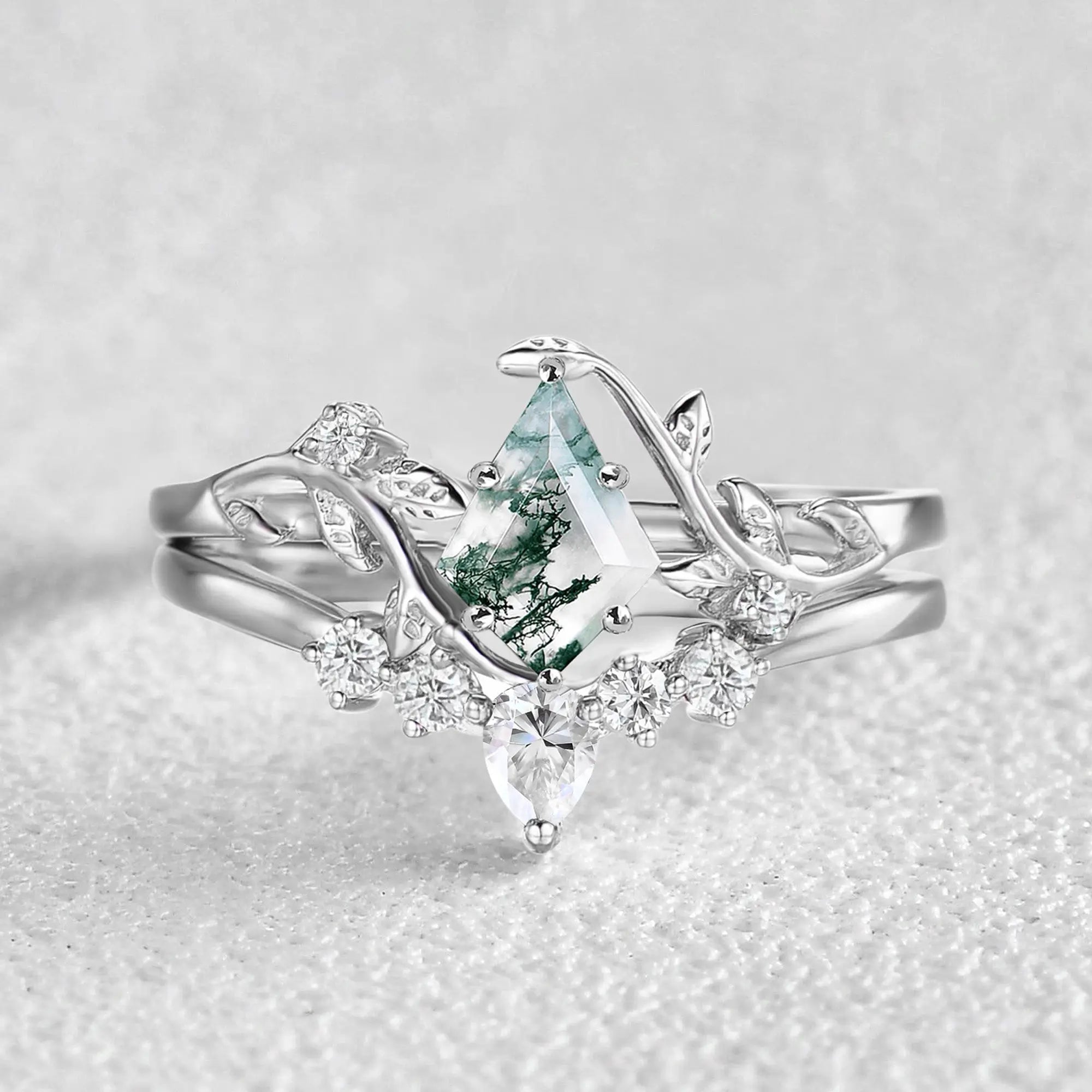 Unique Kite Cut Moss Agate Leafy Bridal Ring Sets - Aurora,white gold ring for women gift,anniversary rings for her