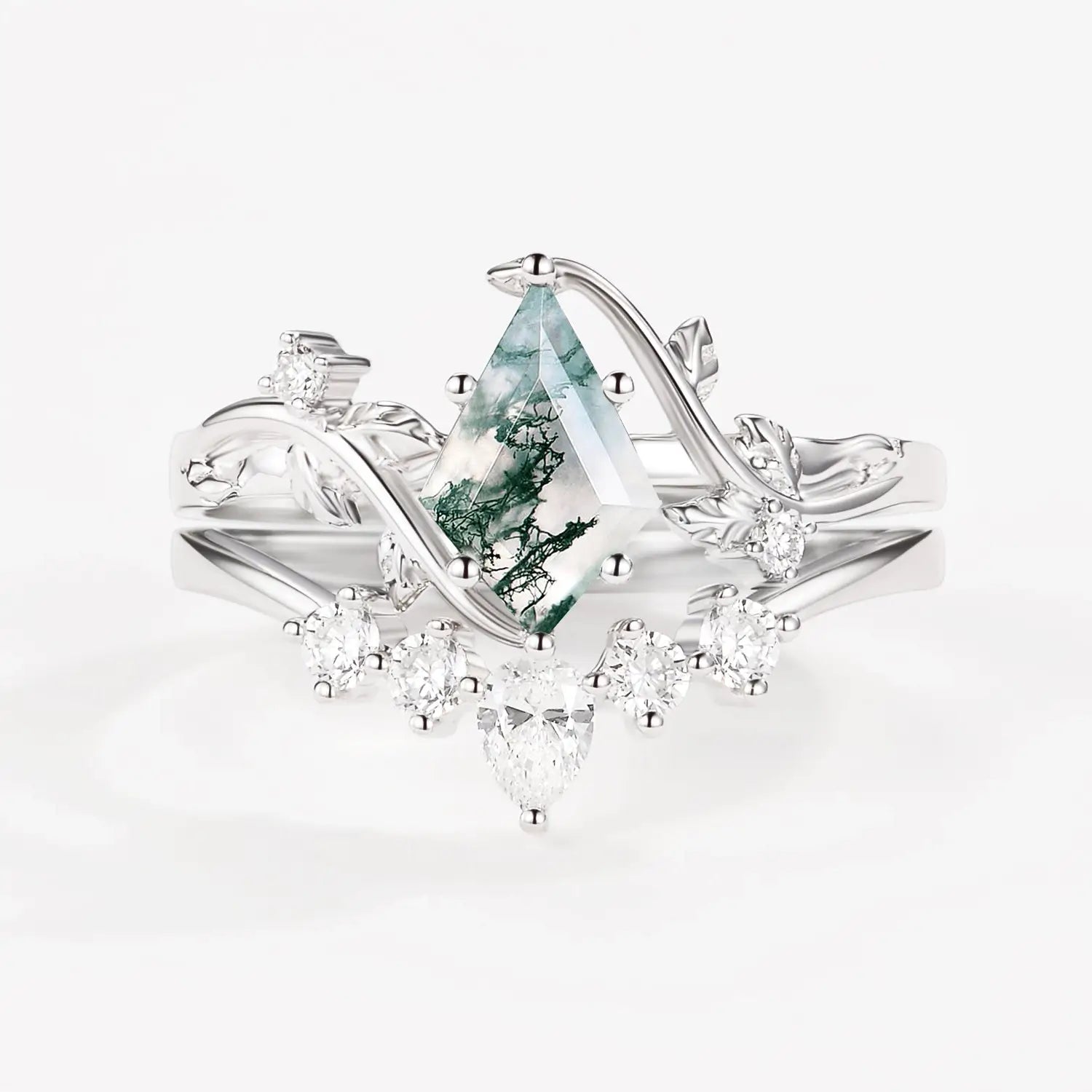 Unique Kite Cut Moss Agate Leafy Bridal Ring Sets - Aurora