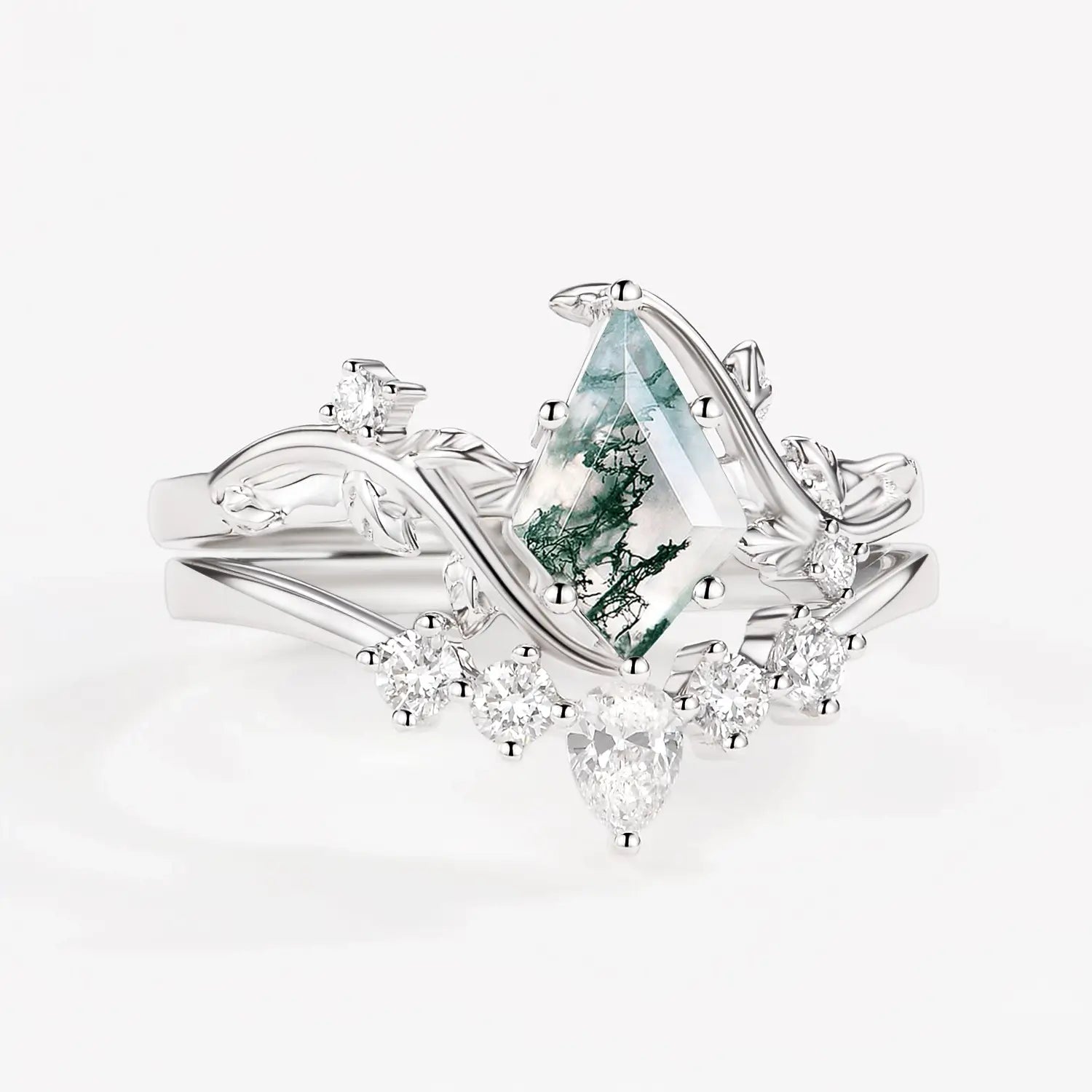Unique Kite Cut Moss Agate Leafy Bridal Ring Sets - Aurora