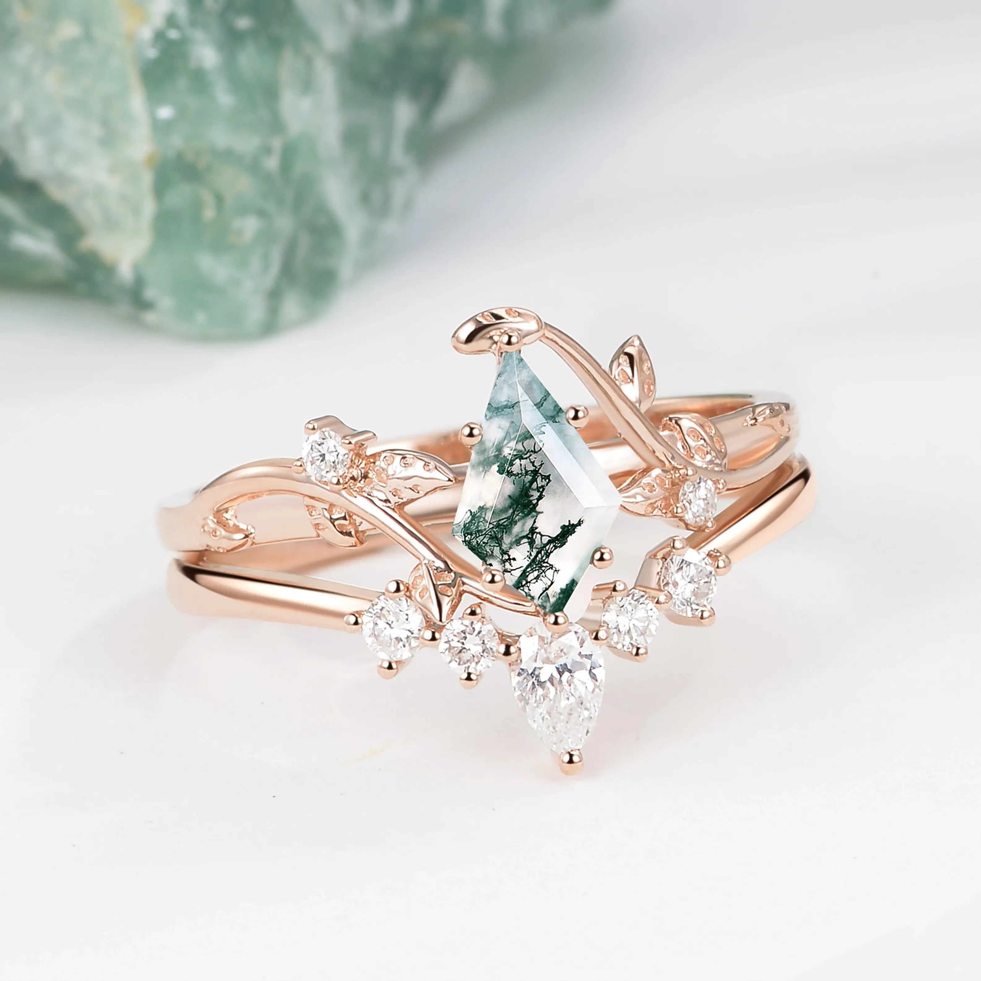 Unique Kite Cut Moss Agate Leafy Bridal Ring Sets - Aurora