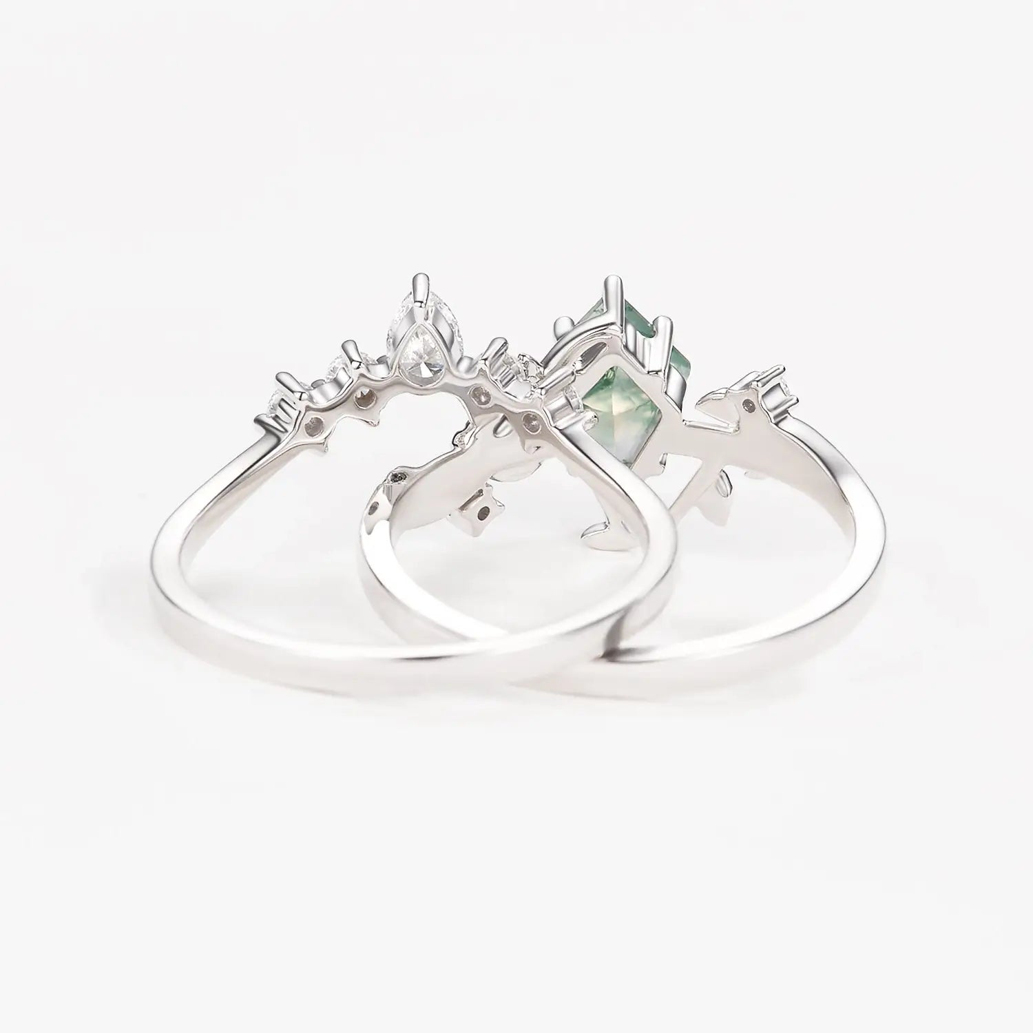 Unique Kite Cut Moss Agate Leafy Bridal Ring Sets - Aurora