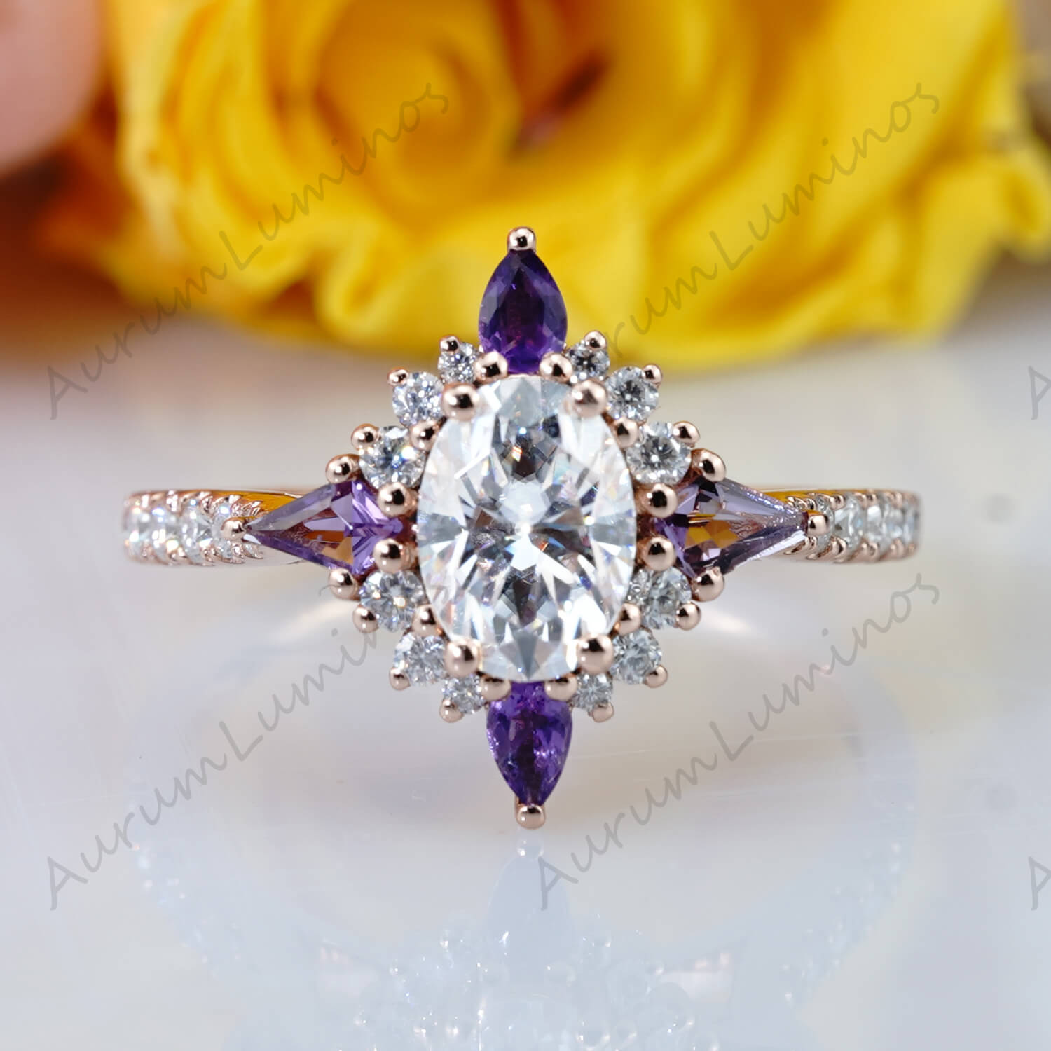 Oval Cut Moissanite Amethyst Bridal Ring Gothic