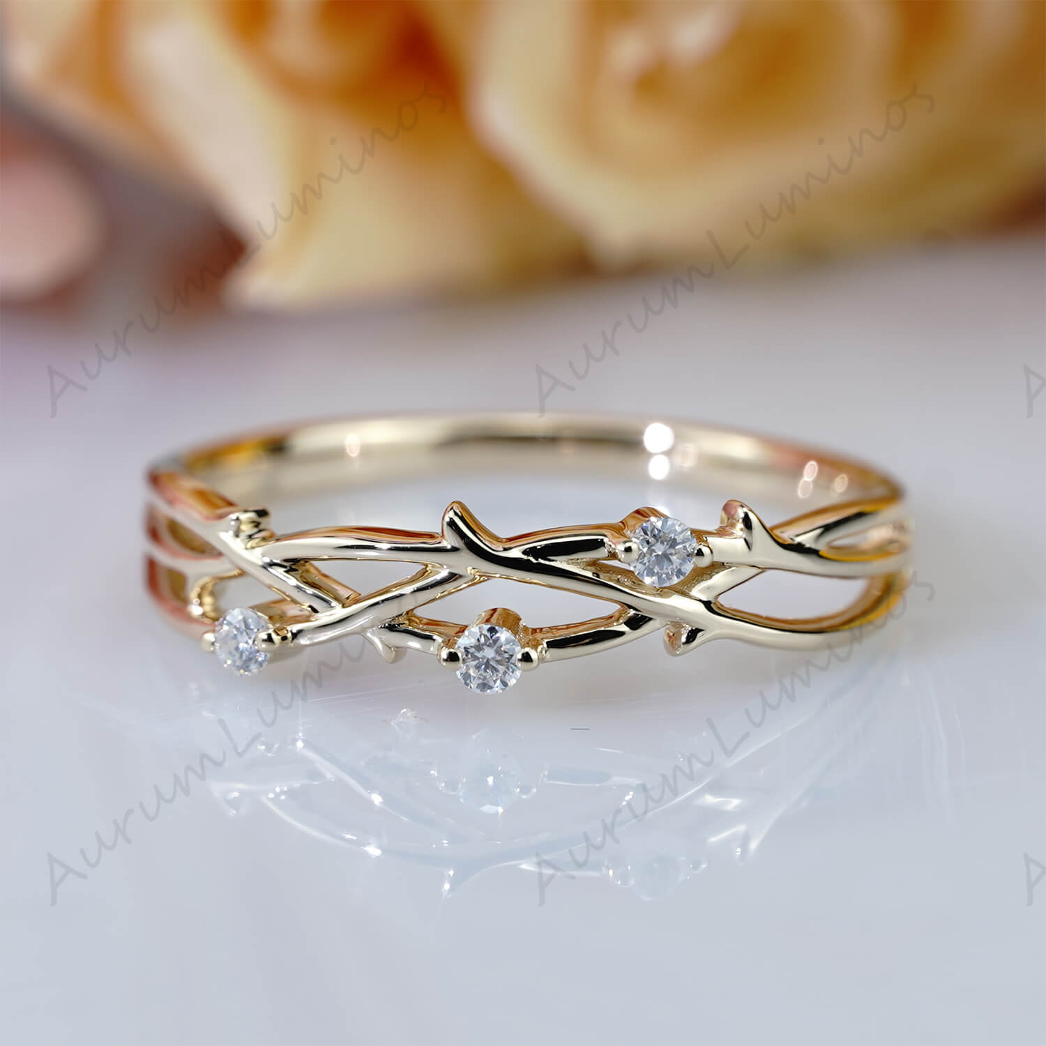 Diamond Twist Wedding Band Women Rose Gold Ring Floral Twisted Vine Wedding Ring Unique Leaf Branch Band Stacking Band Anniversary Gift Custom ring for women