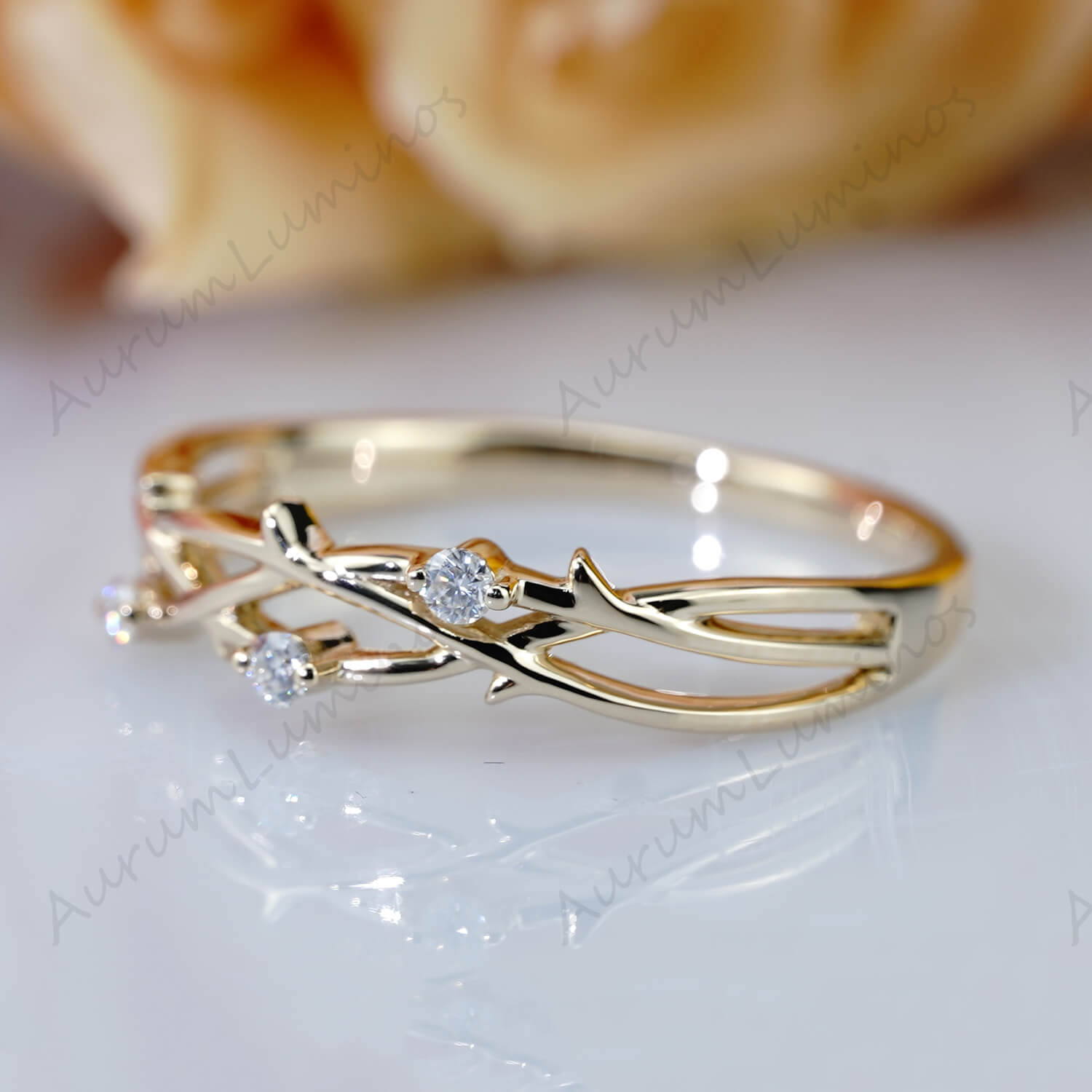 Diamond Twist Wedding Band Women Rose Gold Ring Floral Twisted Vine Wedding Ring Unique Leaf Branch Band Stacking Band Anniversary Gift Custom ring for women