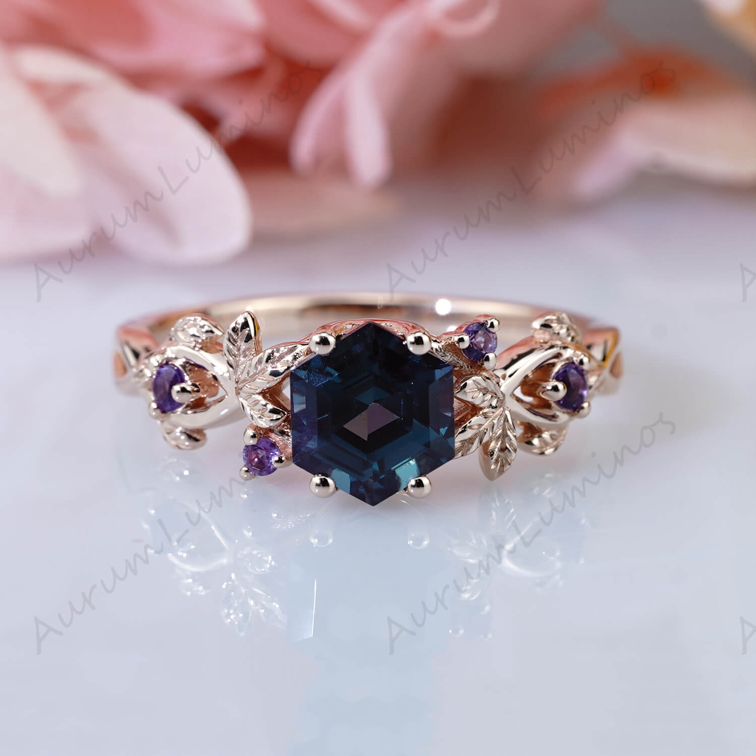 Unique Hexagon cut orders Alexandrite engagement ring rose gold for women vintage Alexandrite ring culster art deco Leaf vine bridal ring gifts