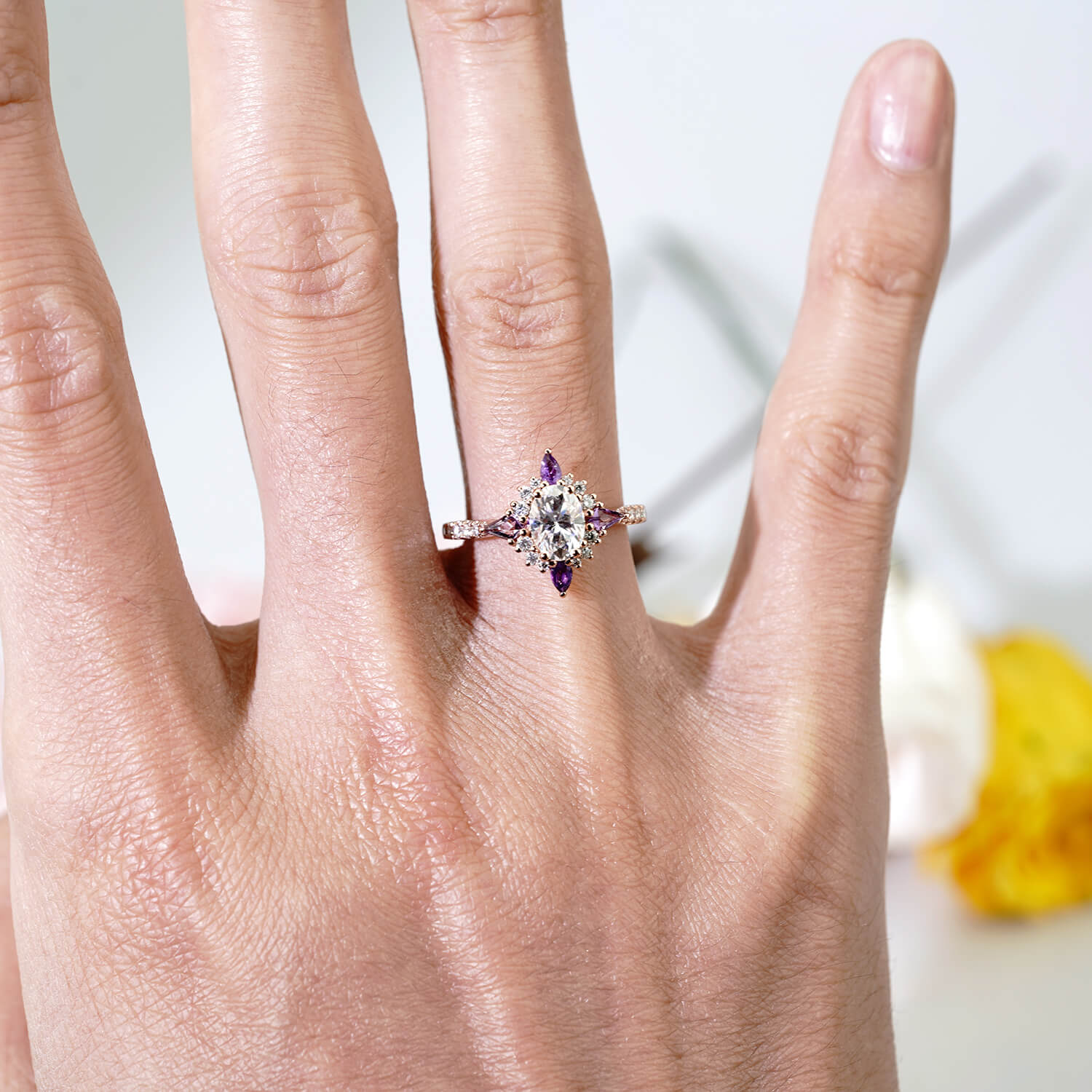 Oval Cut Moissanite Amethyst Bridal Ring Gothic