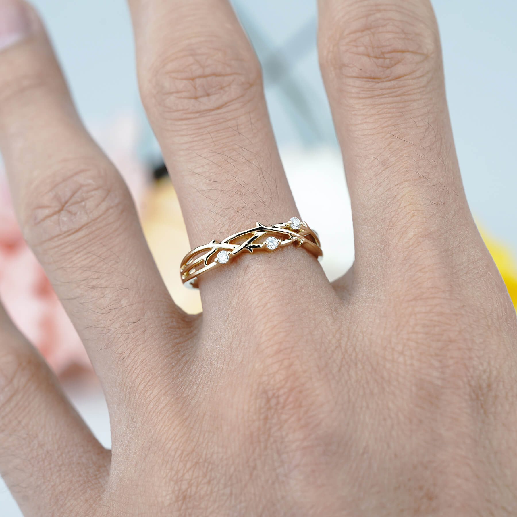 Diamond Twist Wedding Band Women Rose Gold Ring Floral Twisted Vine Wedding Ring Unique Leaf Branch Band Stacking Band Anniversary Gift Custom ring for women
