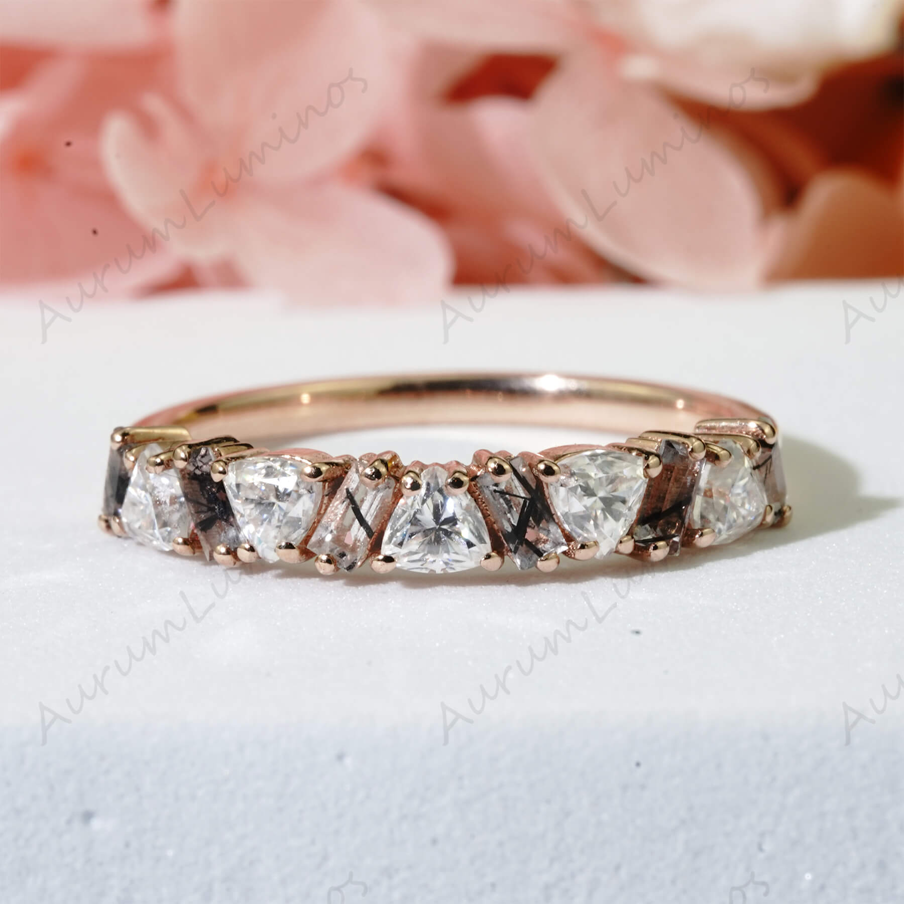 Triangle Cut Moissanite Wedding Band Unique Baguette Black Quartz Rutilated Half Eternity Stacking Ring