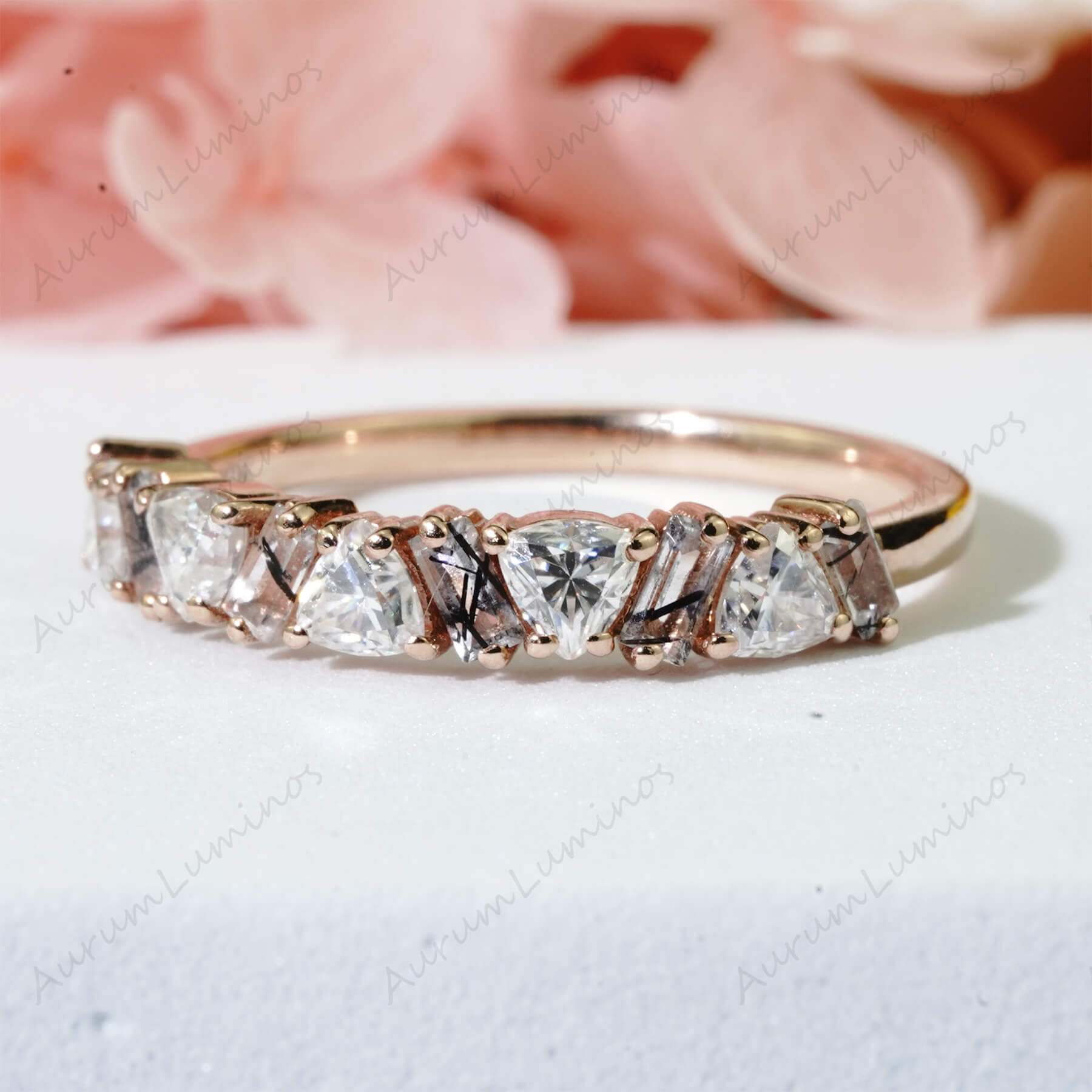 Triangle Cut Moissanite Wedding Band Unique Baguette Black Quartz Rutilated Half Eternity Stacking Ring