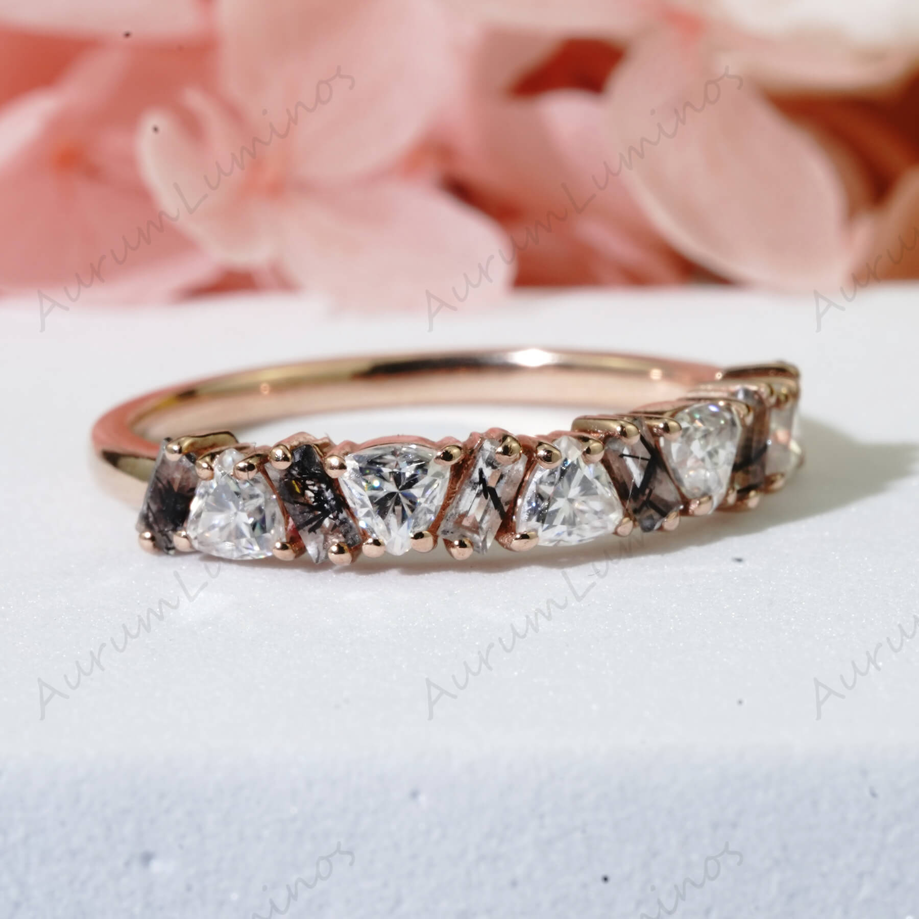 Triangle Cut Moissanite Wedding Band Unique Baguette Black Quartz Rutilated Half Eternity Stacking Ring