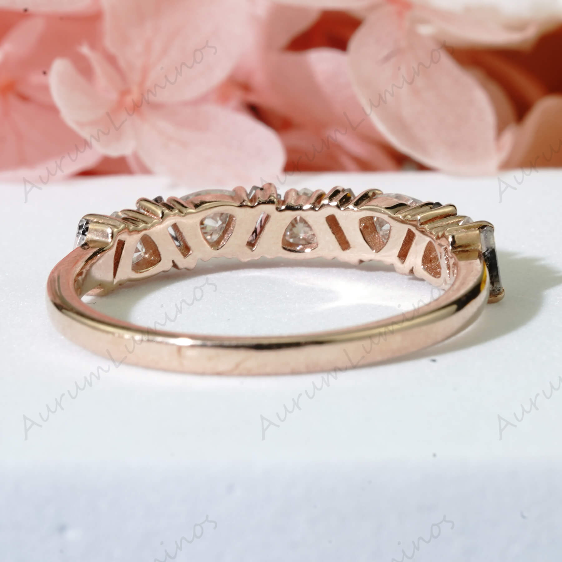Triangle Cut Moissanite Wedding Band Unique Baguette Black Quartz Rutilated Half Eternity Stacking Ring