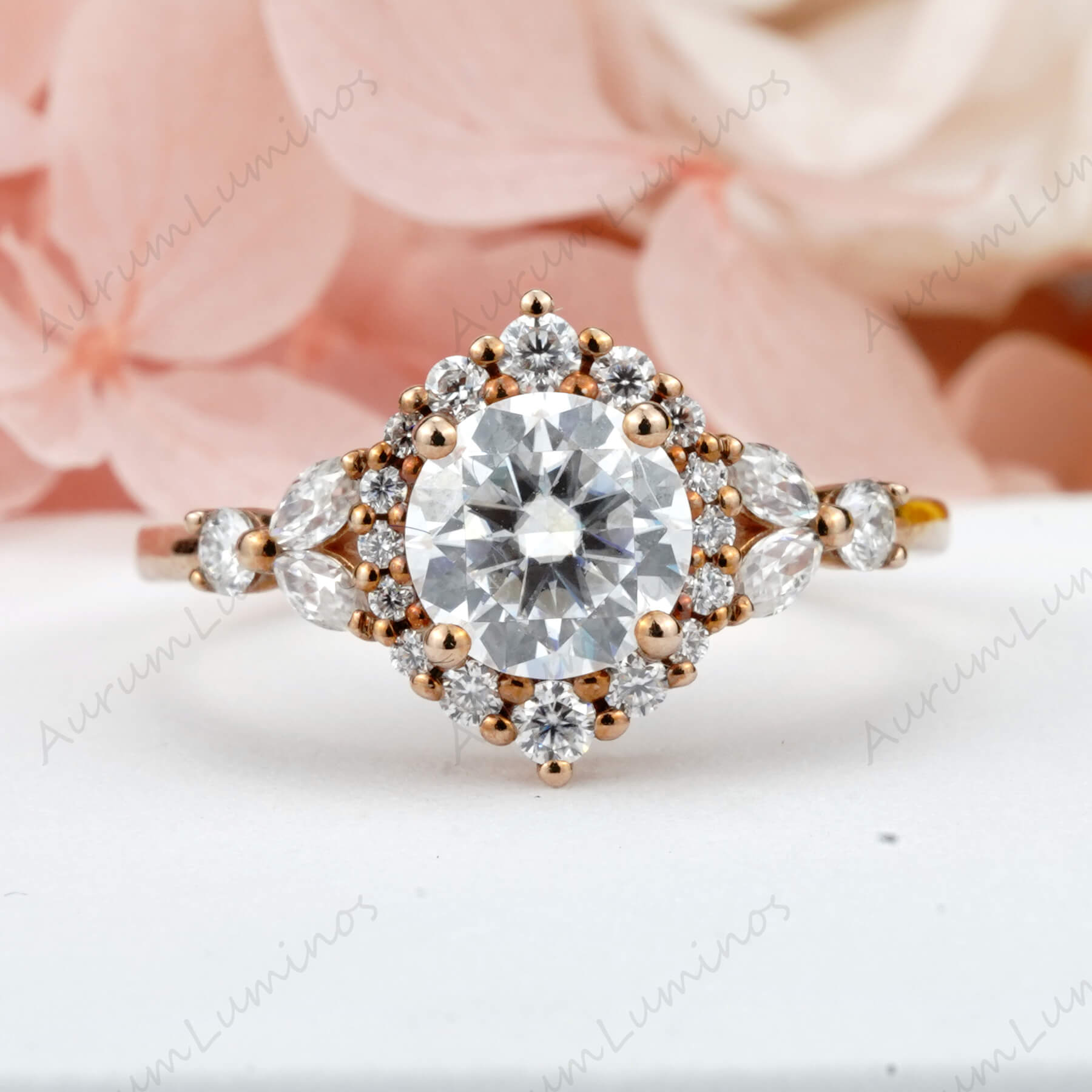 Round Cut Moissanite Engagement Ring 18k Yellow Gold , Unique Handmade Custom Ring, Vintage Unique Marquise Diamond Cluster Ring Antique Flower Ring Bridal Gift For Her