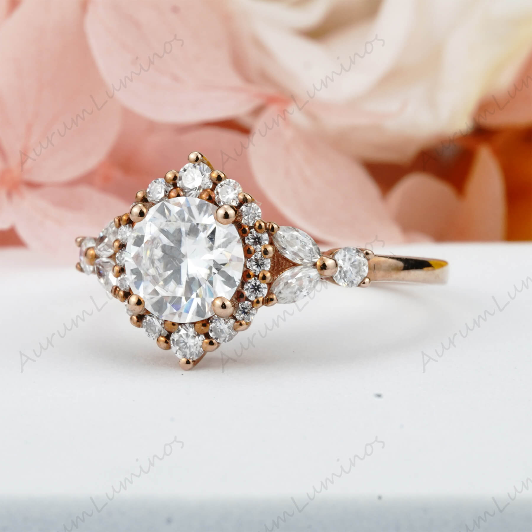 Round Cut Moissanite Engagement Ring 18k Yellow Gold , Unique Handmade Custom Ring, Vintage Unique Marquise Diamond Cluster Ring Antique Flower Ring Bridal Gift For Her
