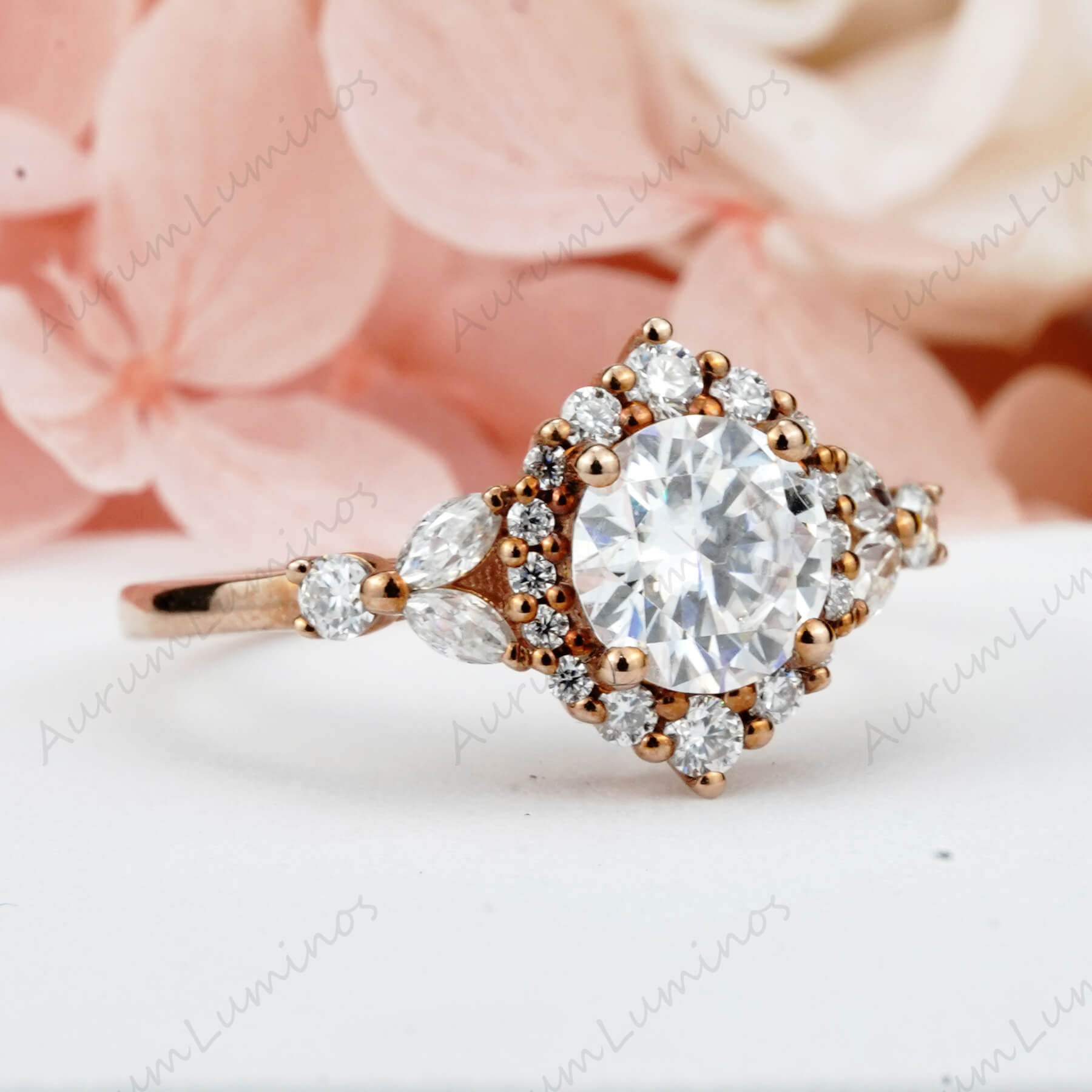 Round Cut Moissanite Engagement Ring 18k Yellow Gold , Unique Handmade Custom Ring, Vintage Unique Marquise Diamond Cluster Ring Antique Flower Ring Bridal Gift For Her