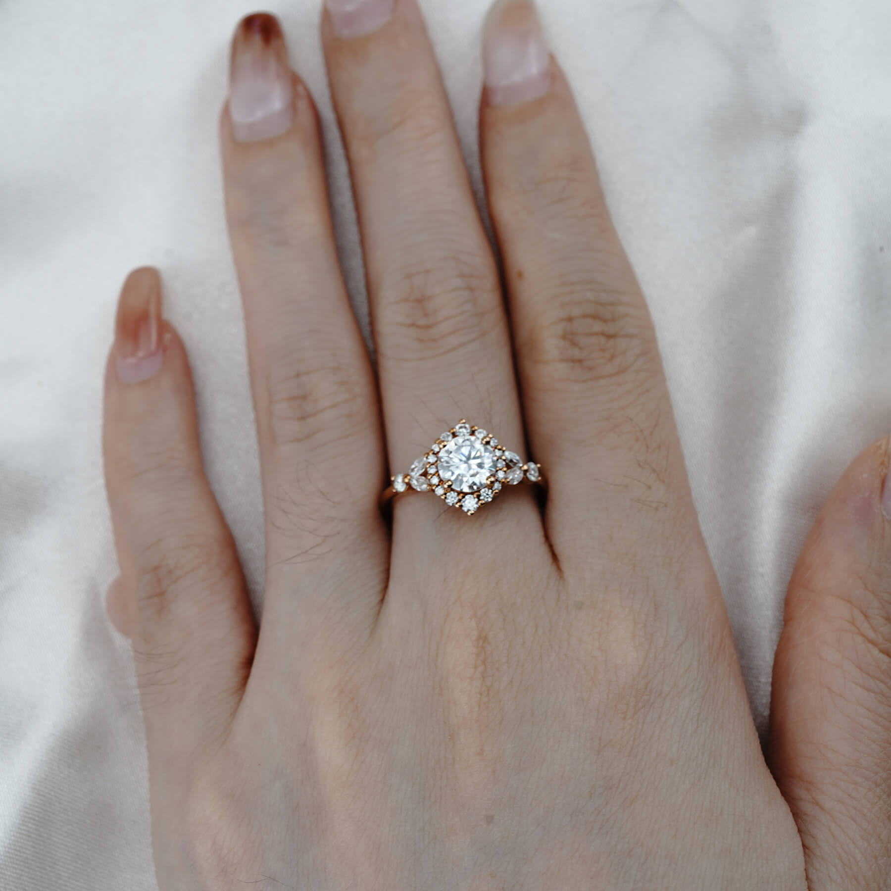 Round Cut Moissanite Engagement Ring 18k Yellow Gold , Unique Handmade Custom Ring, Vintage Unique Marquise Diamond Cluster Ring Antique Flower Ring Bridal Gift For Her
