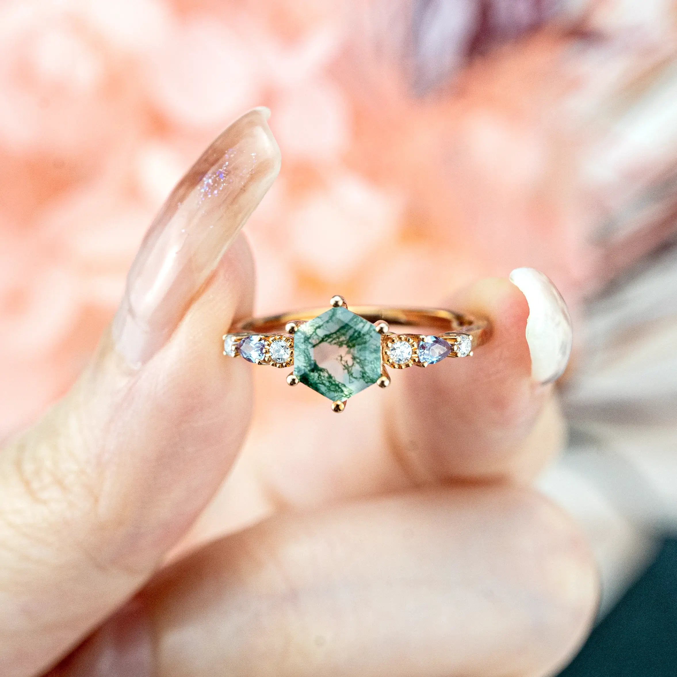 Hexagonal Cut Moss Agate Engagement Rings Natural Green Gem Custom Soild 14 Gold Ring Promise Anniversary Ring For Women Gift