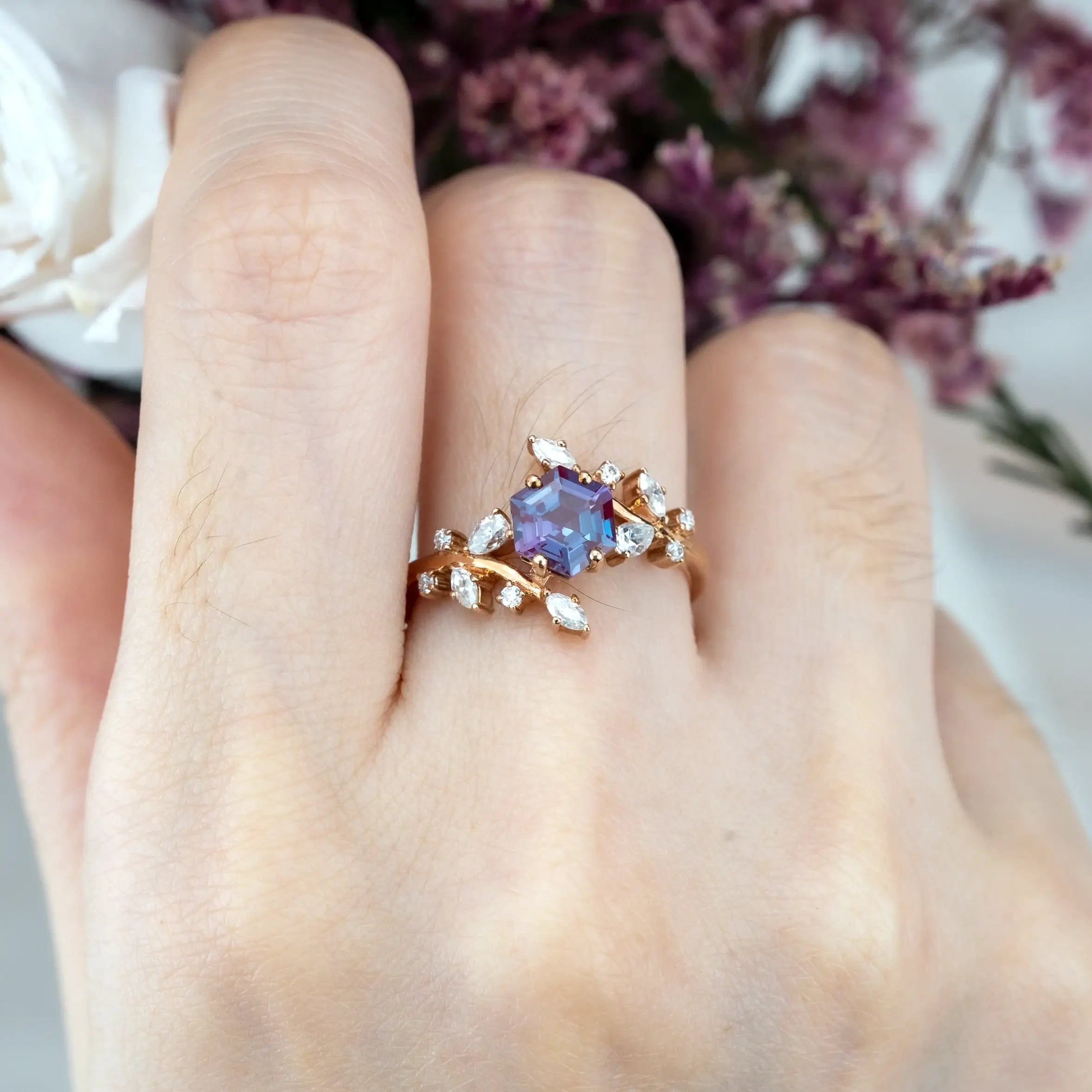 Exquisite Rose Gold Oval Alexandrite Engagement Ring Vintage Floral Design Natural Diamonds Elegant Bridal Jewelry Perfect for Proposal Ring art design
