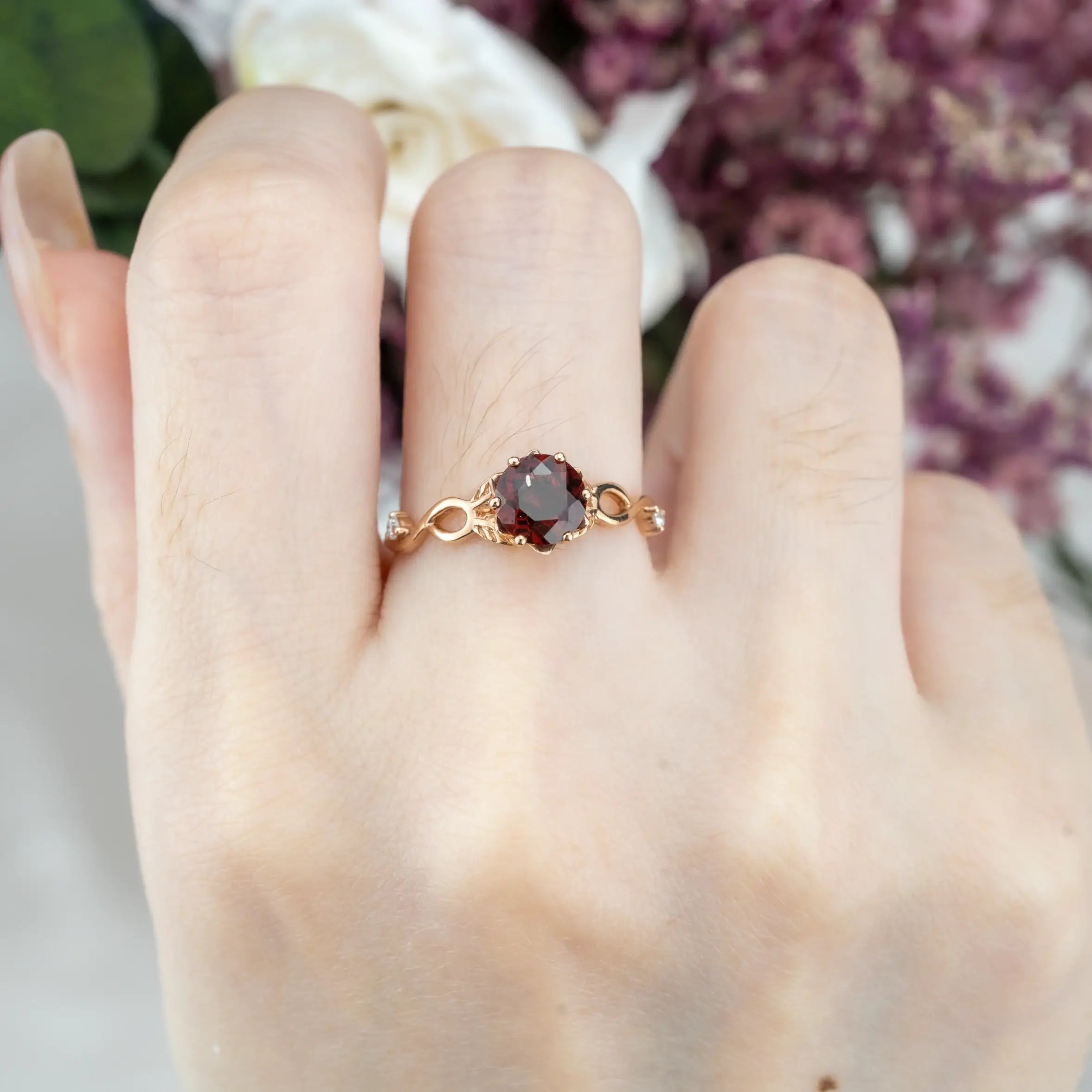 Round Cut Red Garnet Engagement Ring Fresh Leaf Ring Custom rose gold ring for women anniversary ring