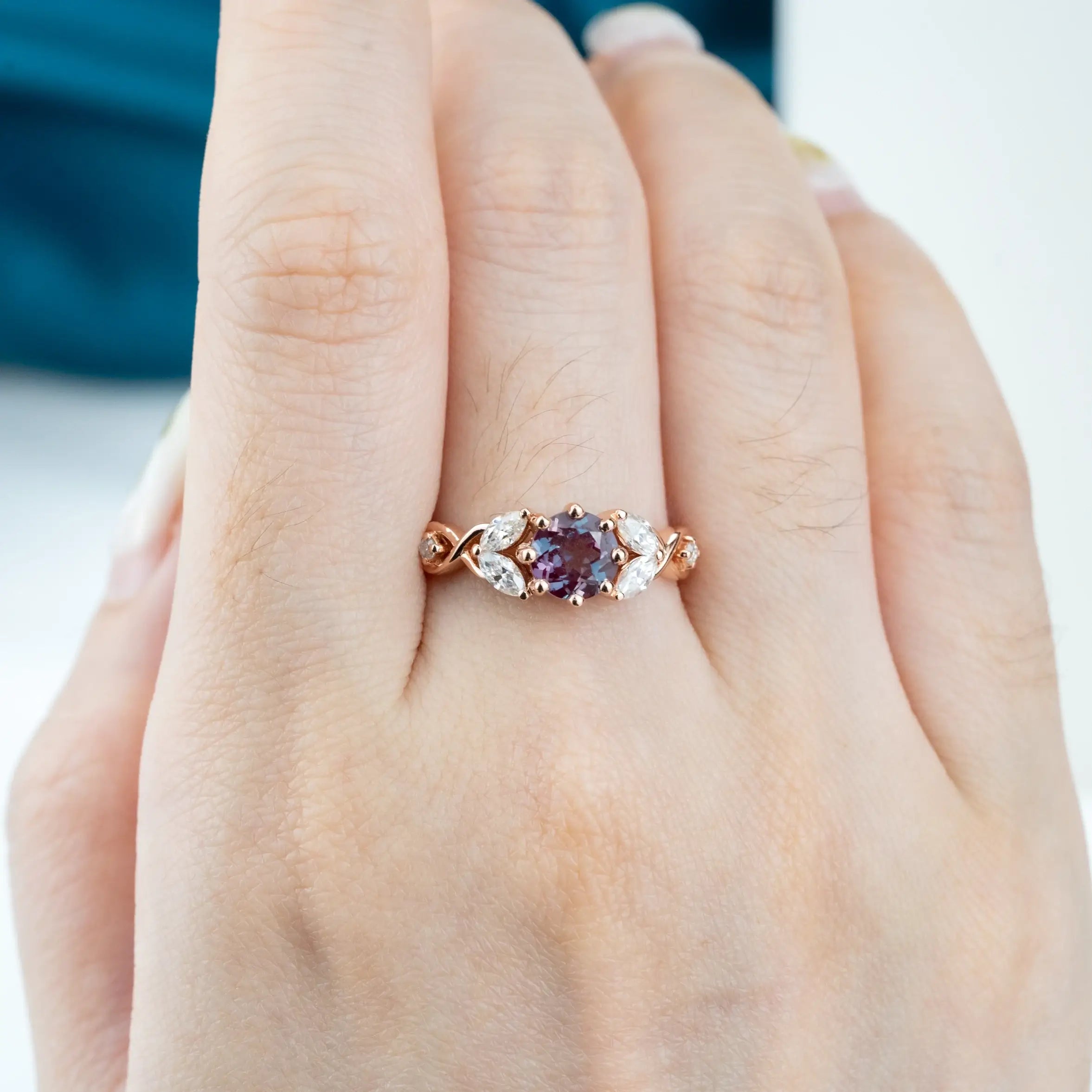 Alexandrite Rings Petal Art Flora Ring Unique Design custom gold ring round cut lab gem birthstone ring