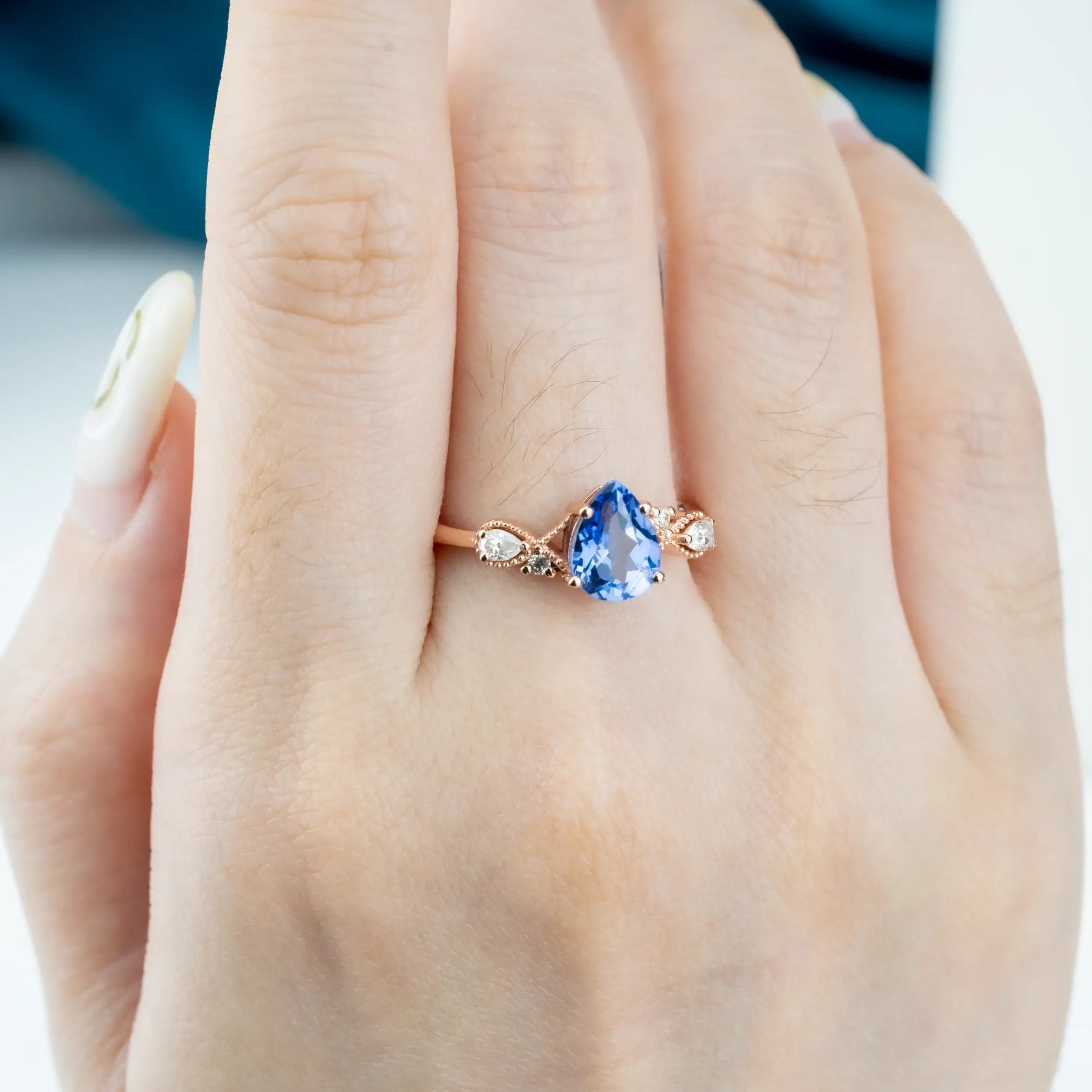 Evangeline - Pear Cut Sapphire Ring Vintage Elegance Engagement Rings March birthstone ring for ladies