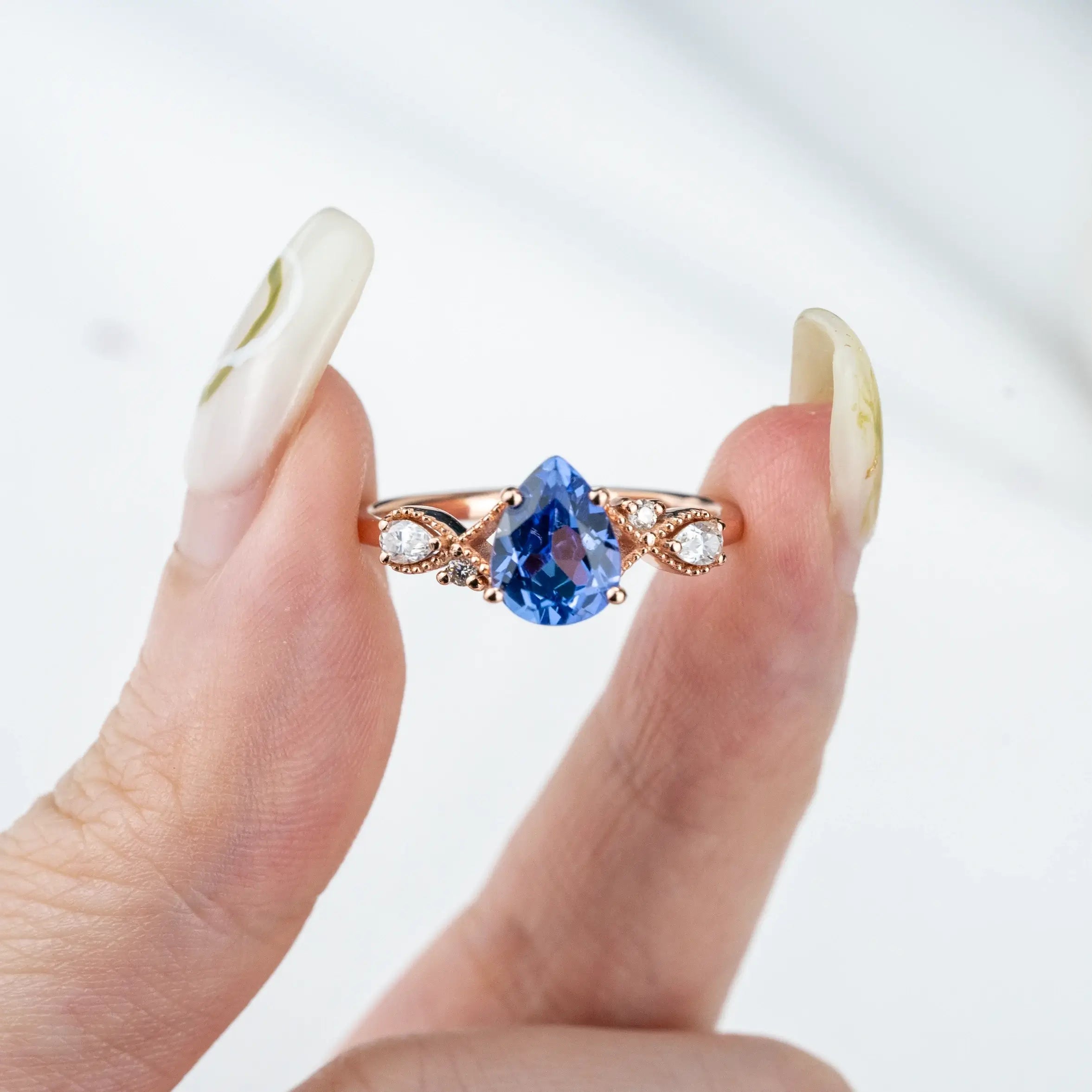 Evangeline - Pear Cut Sapphire Ring Vintage Elegance Engagement Rings March birthstone ring for women promise ring