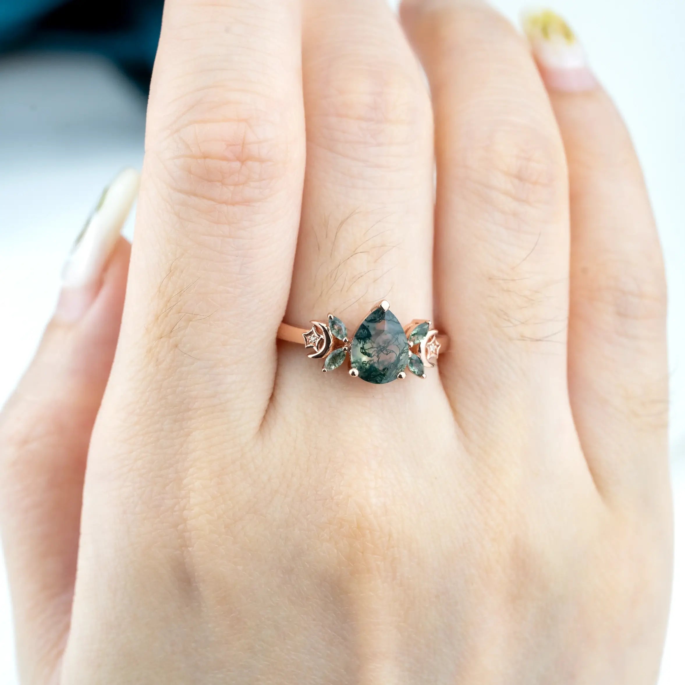 Lunar Essence - Pear Cut Moss Agate Ring Moon Band custom handmade ring for women