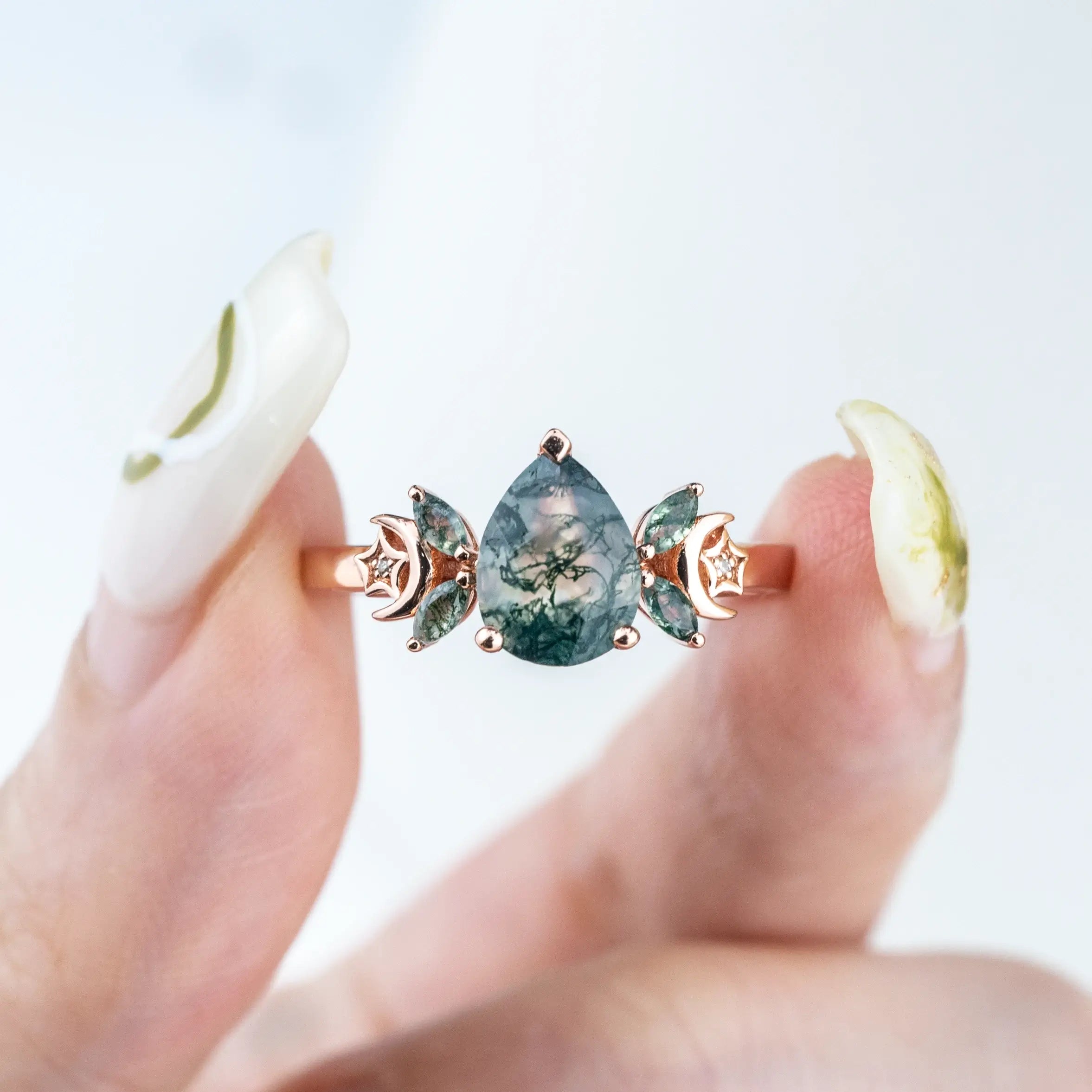 Lunar Essence - Pear Cut Moss Agate Ring Moon Band custom handmade ring for women wedding ring