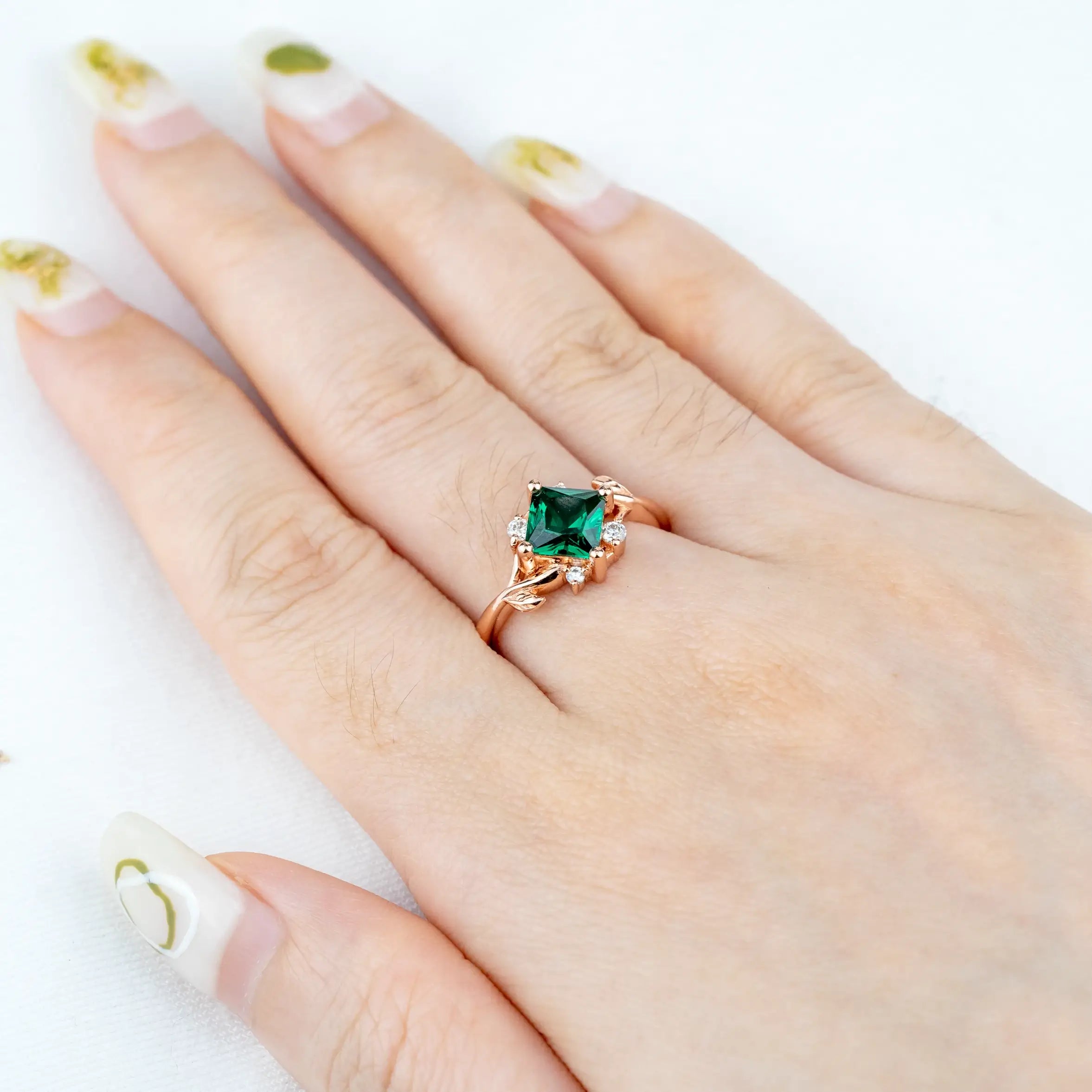 Elysia – Princess Cut Lab Emerald Leaf Ring Green Stone birthstone rings for women anniversary ring promise gifts