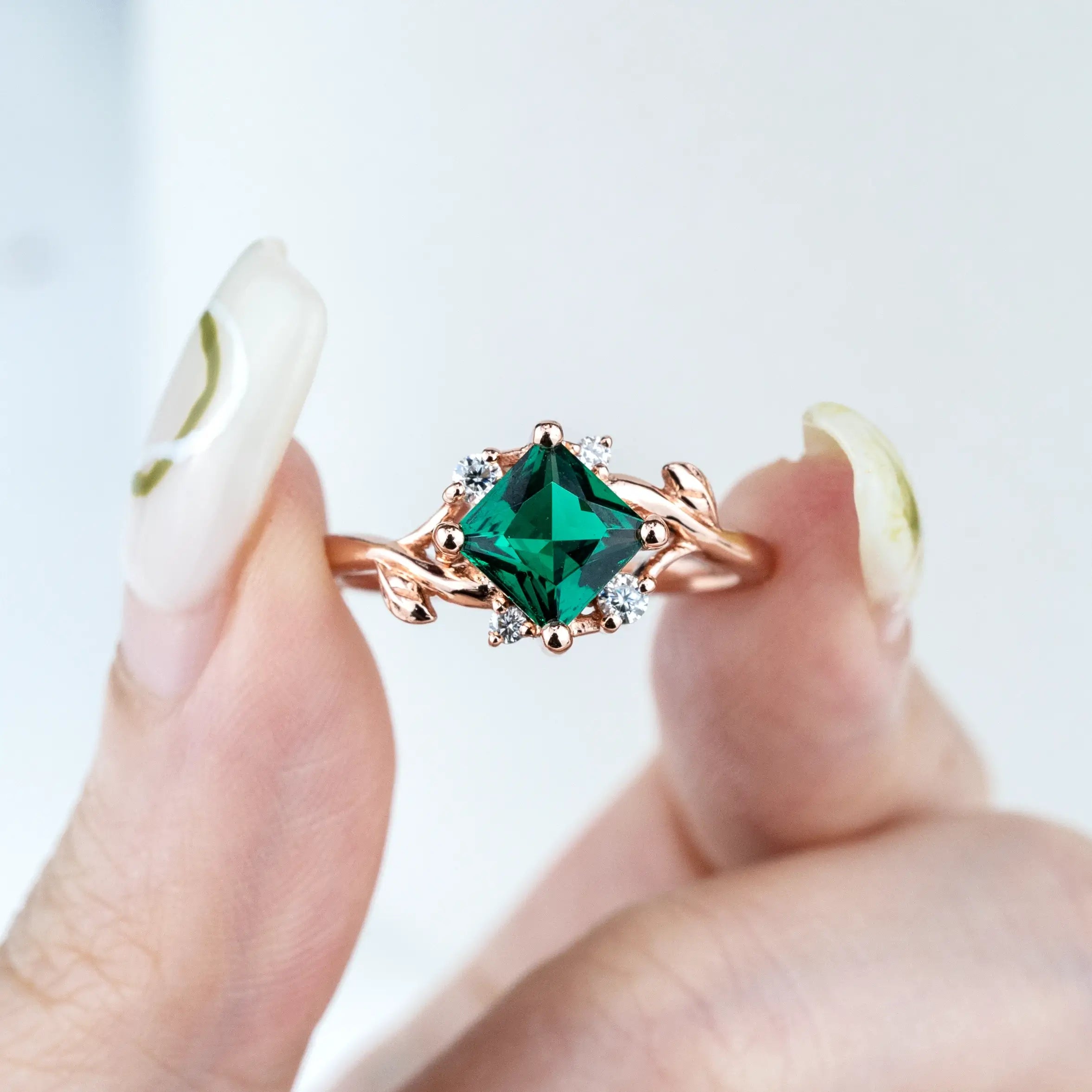 AURUMLUMINOS– Princess Cut Lab Emerald Leaf Ring Green Stone birthstone rings for women