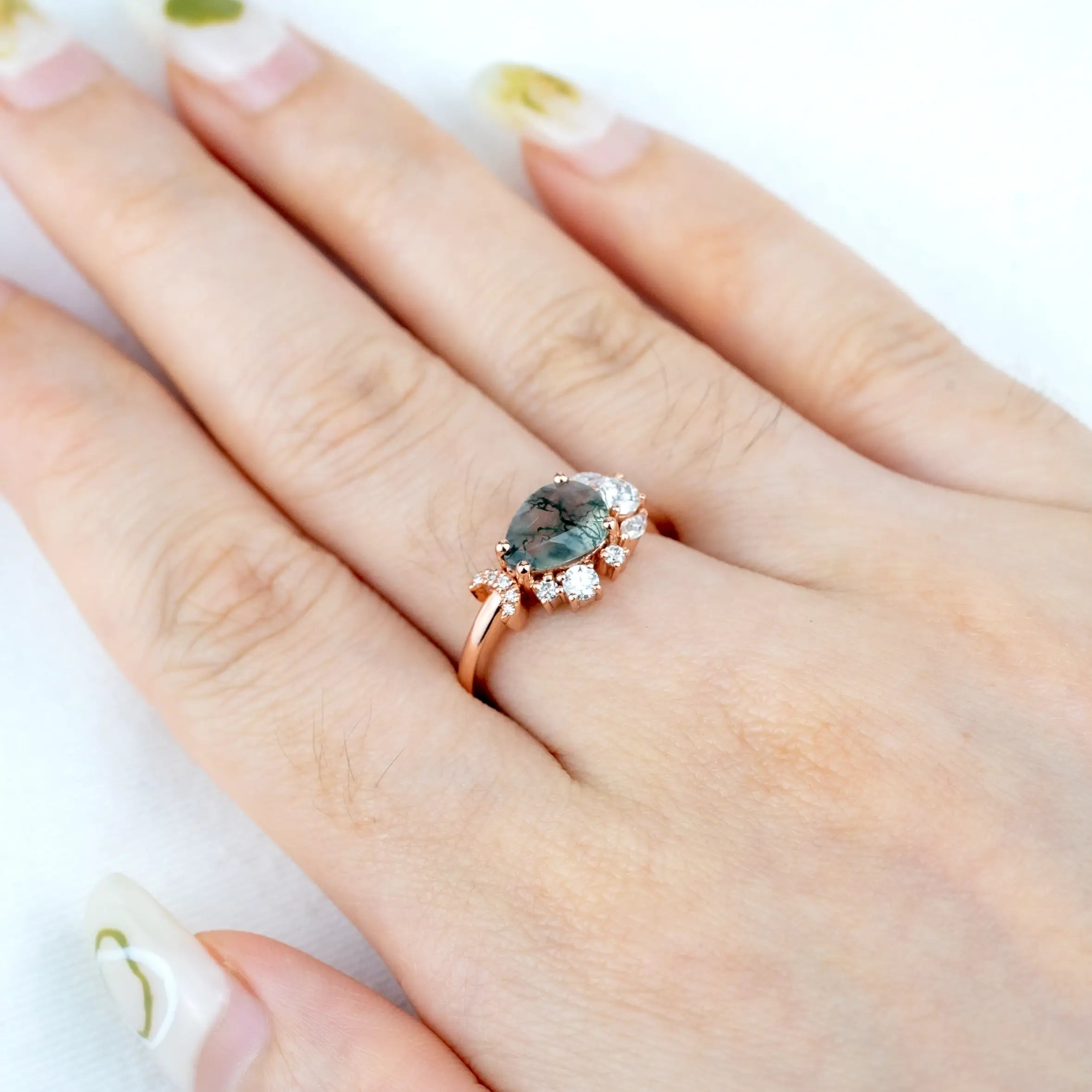 AURUMLUMINOS Unique Pear Moss Agate Ring | Custom Engagement Ring Handmade