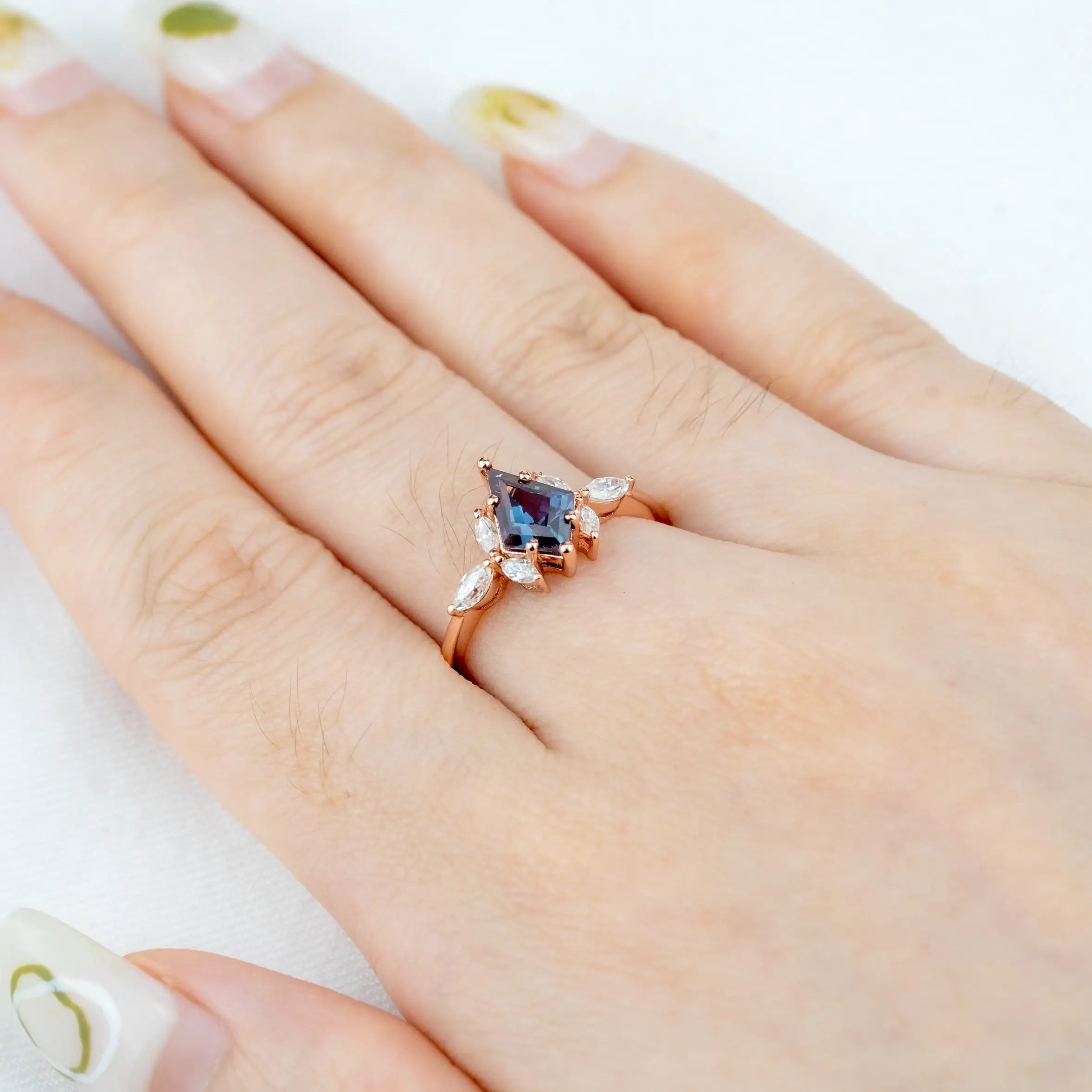 Celeste - Kite Cut Lab Alexandrite Ring Flower Design Anniversary Rings