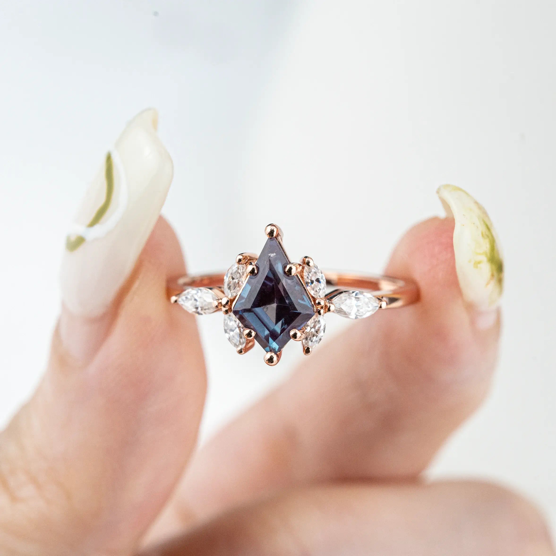 Celeste - Kite Cut Lab Alexandrite Rings Flower Design Anniversary Rings aurumluminos custom handmade gold ring