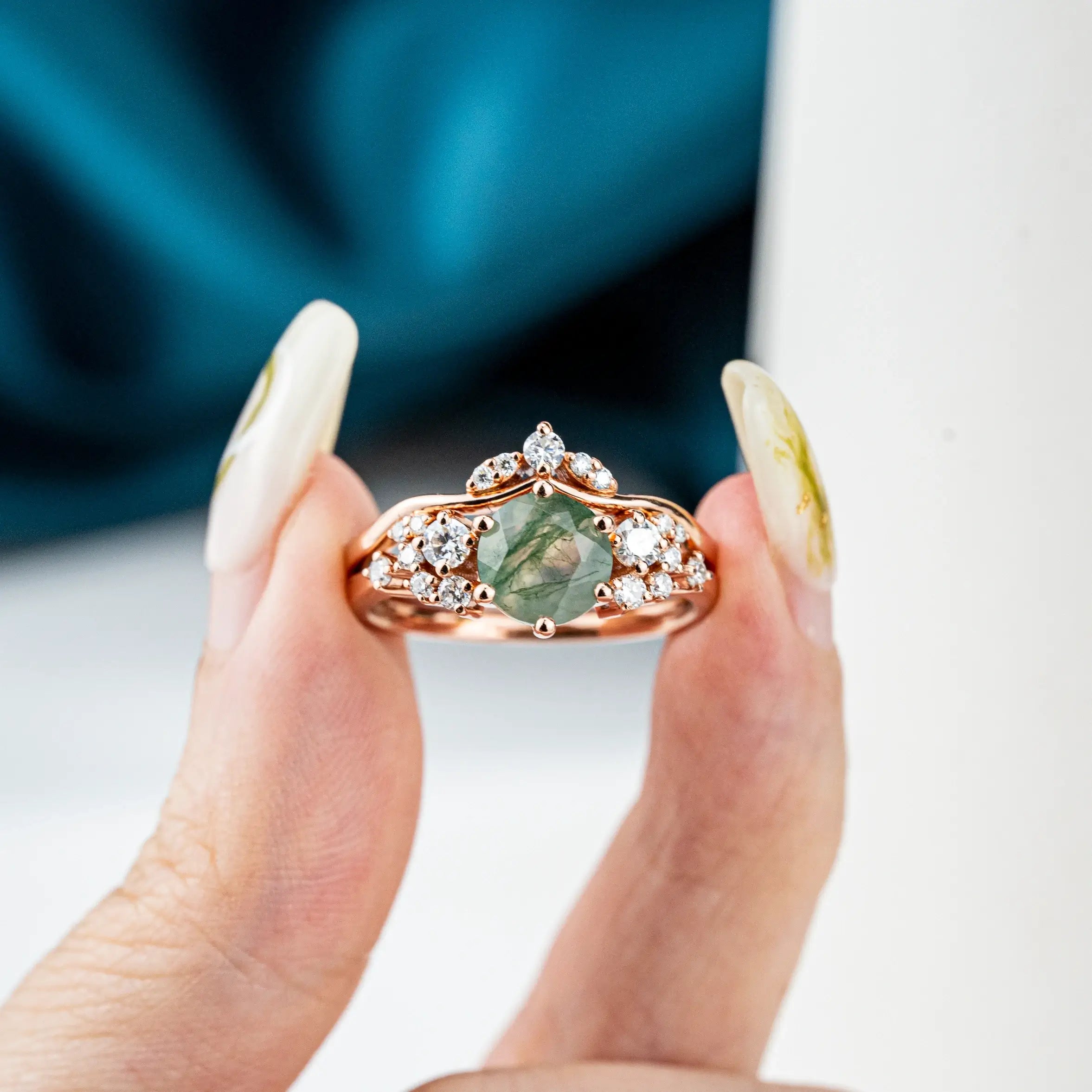 Moss Agate Ring Set Custom Moissanite Accents Cluster Ring for women gift